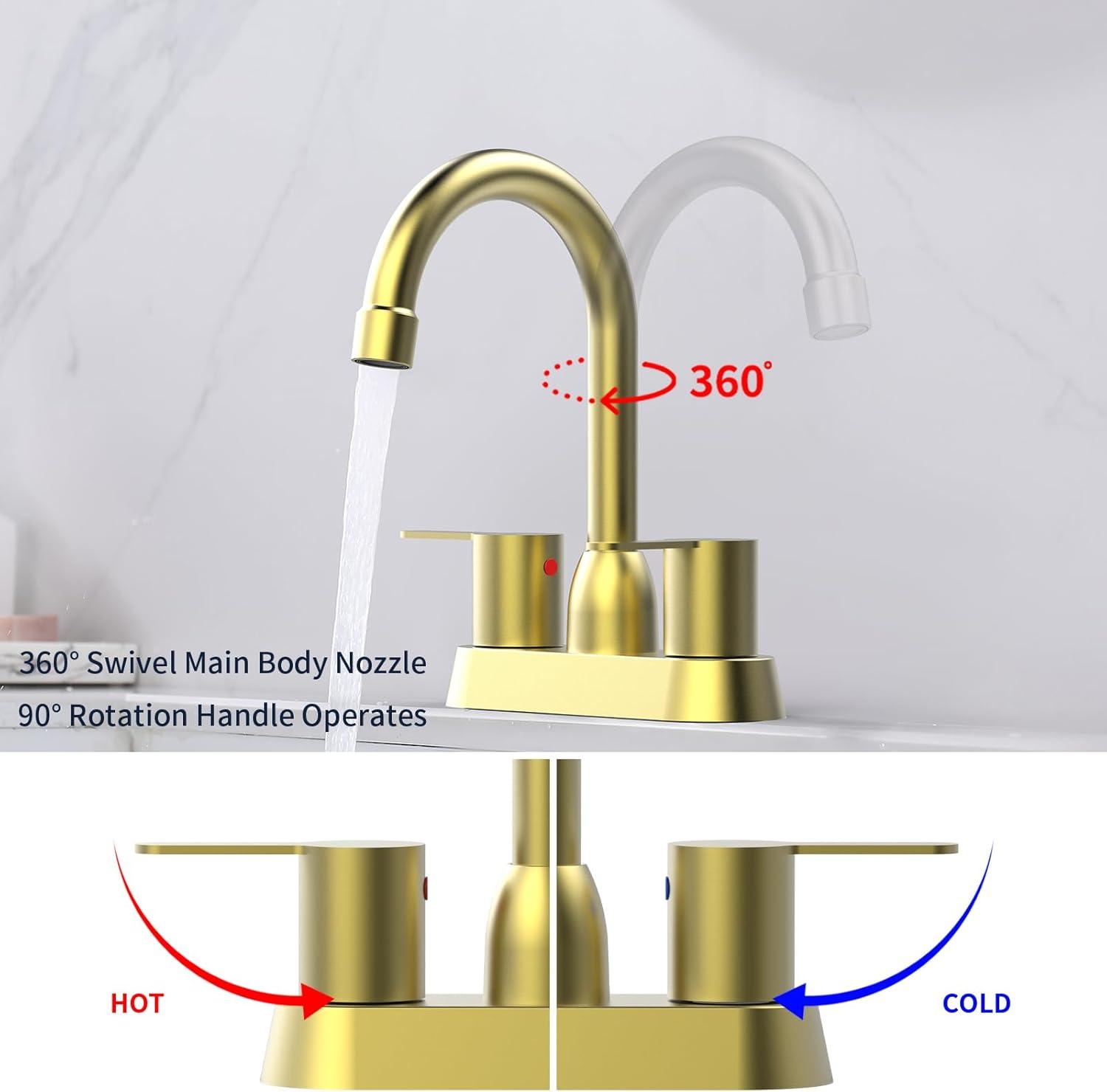 Brushed Gold Bathroom Faucet - 2 Handle, 360 Degree Swivel Spout, Centerset, 4 Inch Vanity, RV & Lavatory Use