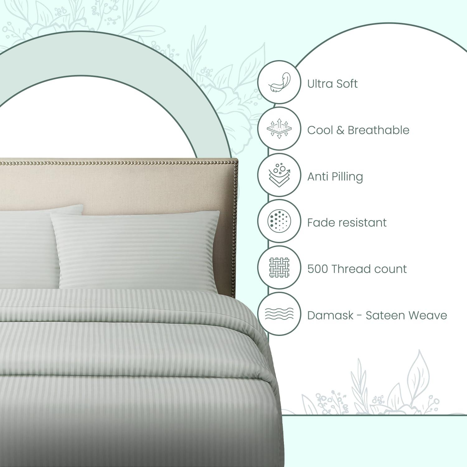 Feather & Stitch 500 TC Full Size Damask Bed Sheet Set, 100% Cotton Soft Breathable Bedsheets, 4 Piece 18" Deep Pockets Sateen Weave Striped Bedding Mattress Resort Hotel Luxury- (Blue Blush, Full)