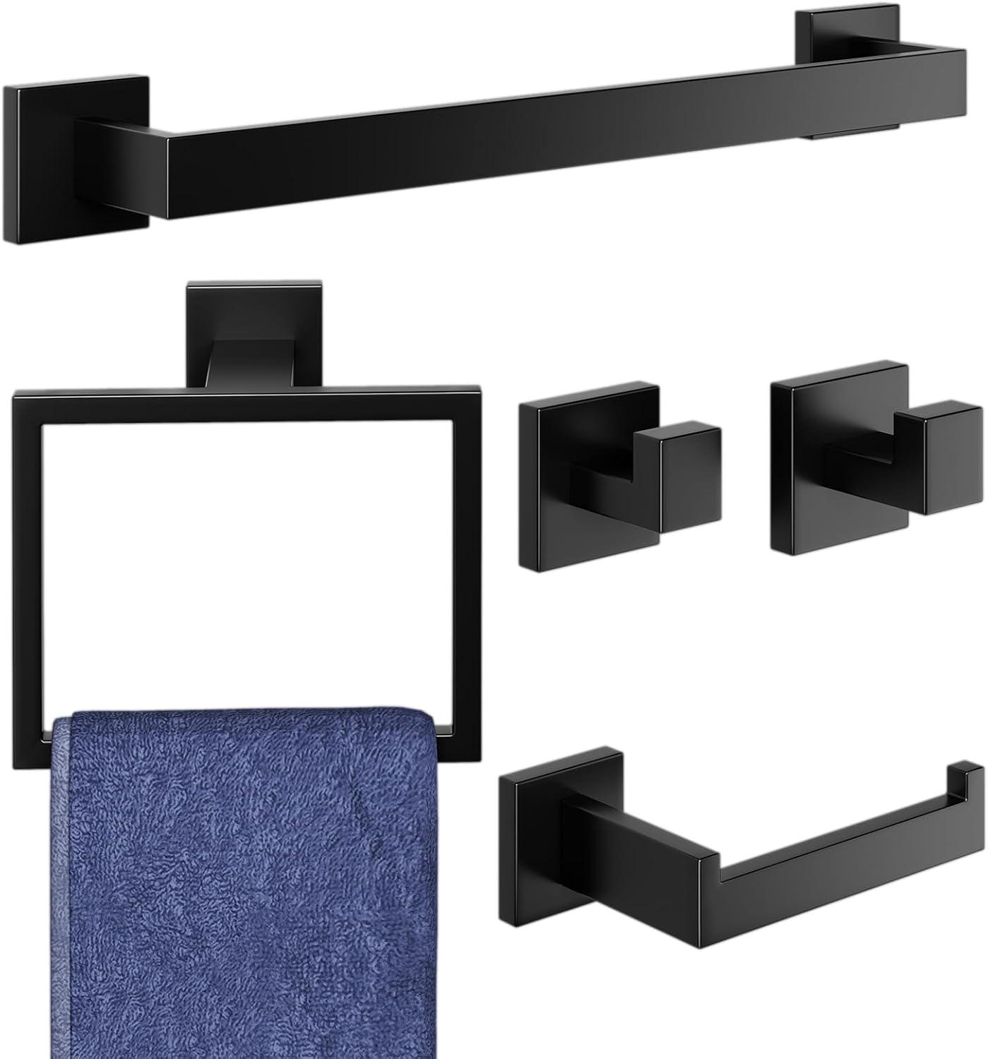 Bathroom Hardware Set,Frsuoak 5-Pieces Matte Black Bathroom Hardware Accessories Set, SUS304 Stainless Steel Bath Towel Bar Set, Towel Racks for Bathroom Wall Mounted