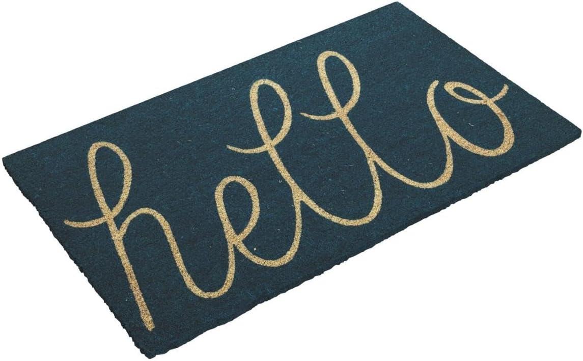 DII Hello Coir Fiber Doormat Non-Slip Durable Outdoor/Indoor, Pet Friendly, 17x29", Storm Blue