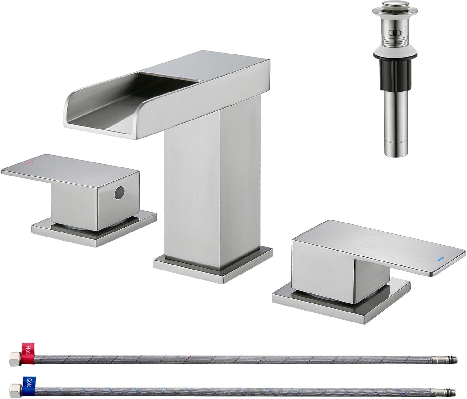 Brushed Nickel 8-Inch Widespread Waterfall Bathroom Faucet