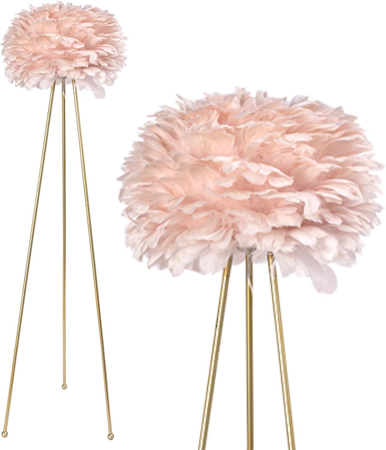 Maxax Feather Floor Lamp, Tripod Floor Lamp with Pink Feather Shade, Standing Light for Bedrooms/Dining Room/Living Room/Kitchen,Gold Classic