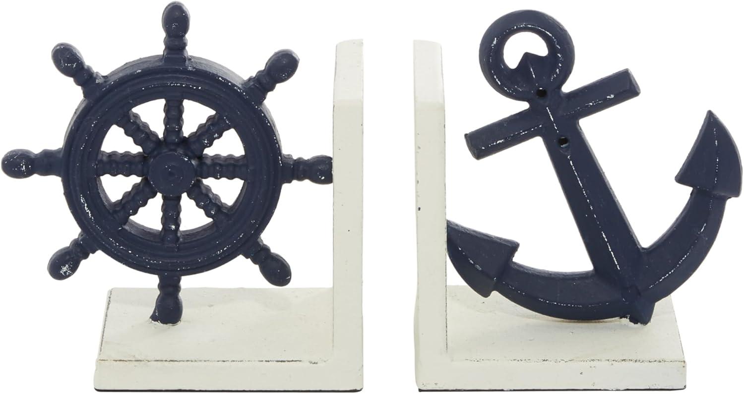 DecMode 6" Anchor and Ship Wheel Blue Metal Bookends (Set of 2)