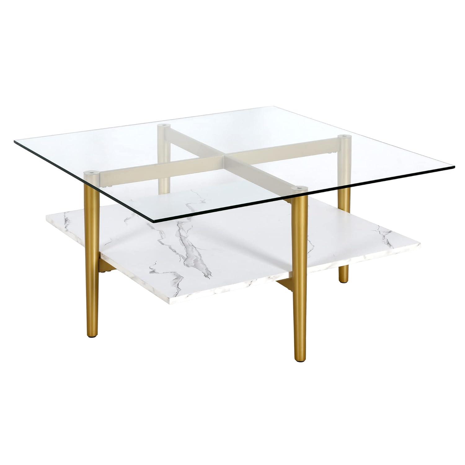 Evelyn&Zoe Otto 32" Wide Square Coffee Table with Faux Marble Shelf, Brass
