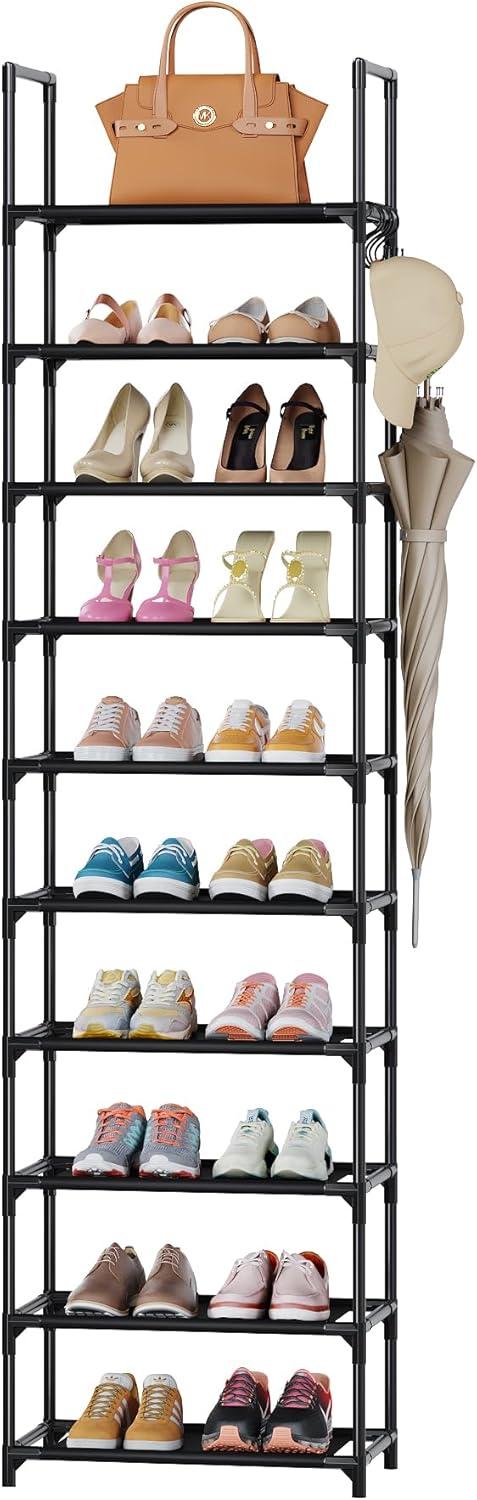 10 Tier Metal Shoes Rack, BUG HULL Narrow Stackable Shoes Shelf with Hooks, Shoe Tower for 20-24 Pairs Shoe and Boots Organizer, Black