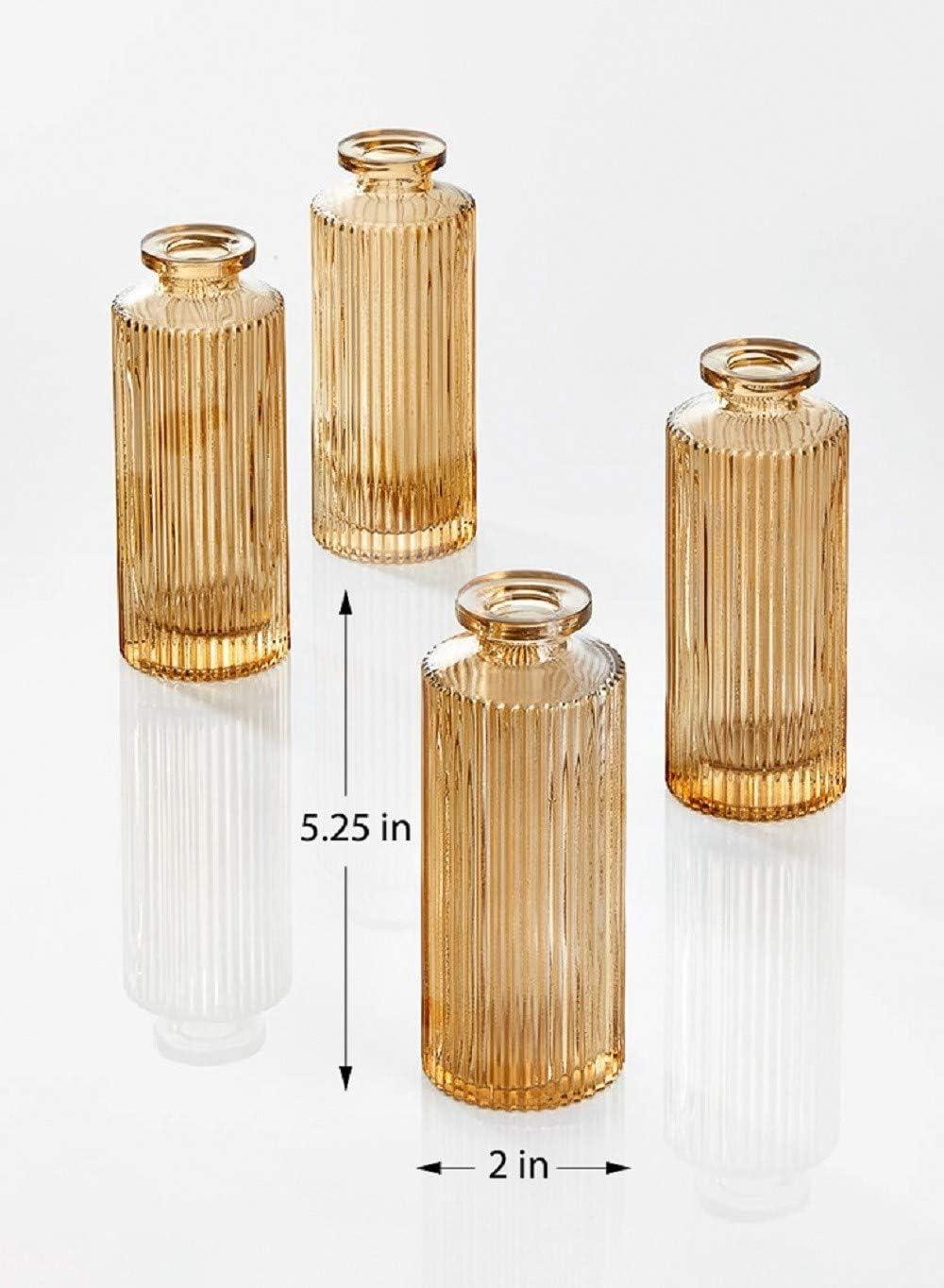 Serene Spaces Living Set of 4 Amber Pleated Bud Vase, Vases for Centerpieces for Home Decor, Events, Weddings, Parties, Measures 5.25" Tall and 2" Diameter