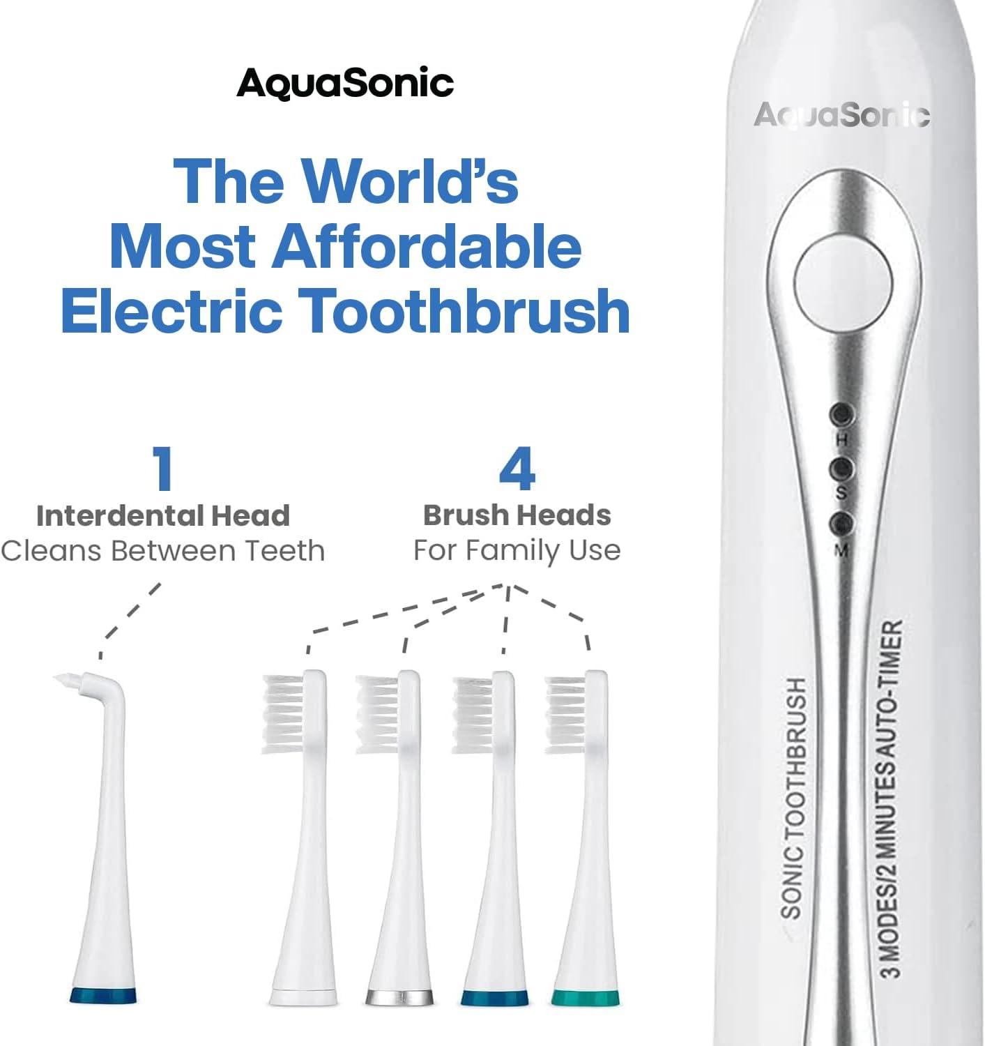 Aquasonic Home Dental Center - Electric Sonic Toothbrush & Smart Water Flosser Combo, 3 Cleaning Modes, Inductive Charging, Auto Timer, Complete Oral Care Kit for Family (White)