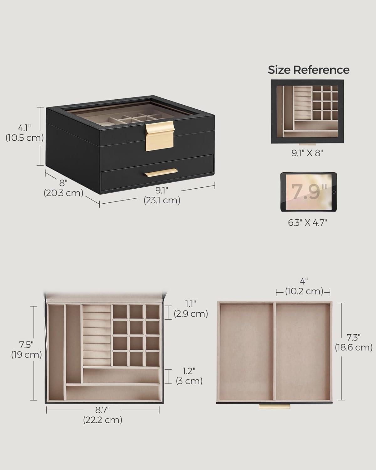 Graphite Black and Gold Velvet Jewelry Box with Glass Lid