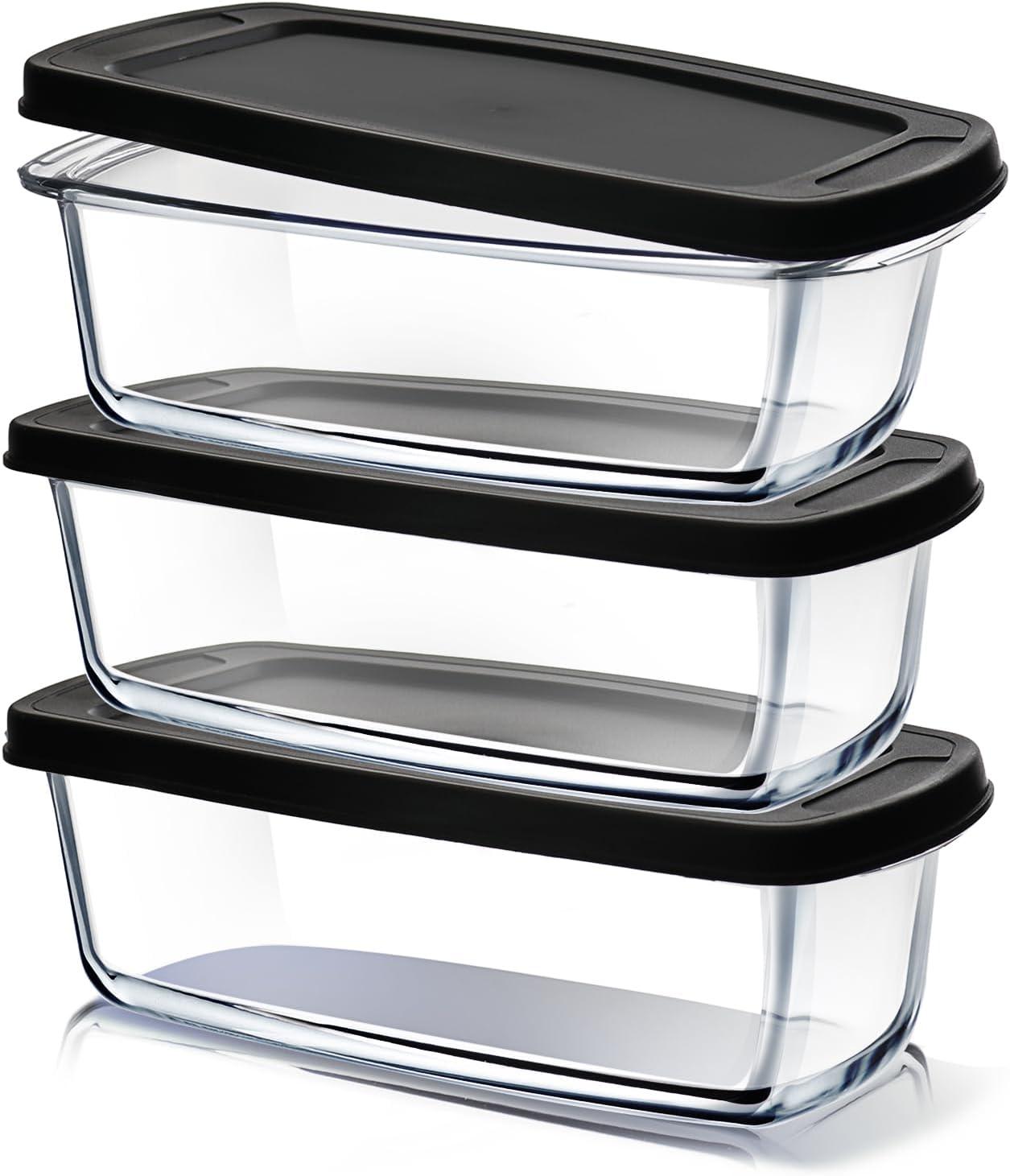 Joytable Bread Loaf Pans with Airtight Lids, 1.9 Quart Deep Rectangular Glass Food Storage Containers