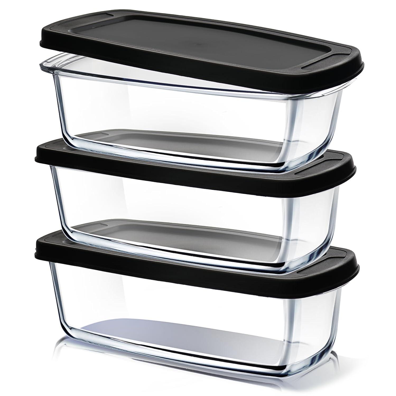 Joytable Set of 3 Bread Loaf Pans with Airtight Lids, 1.9 Quart Deep Rectangular Glass Food Storage Containers