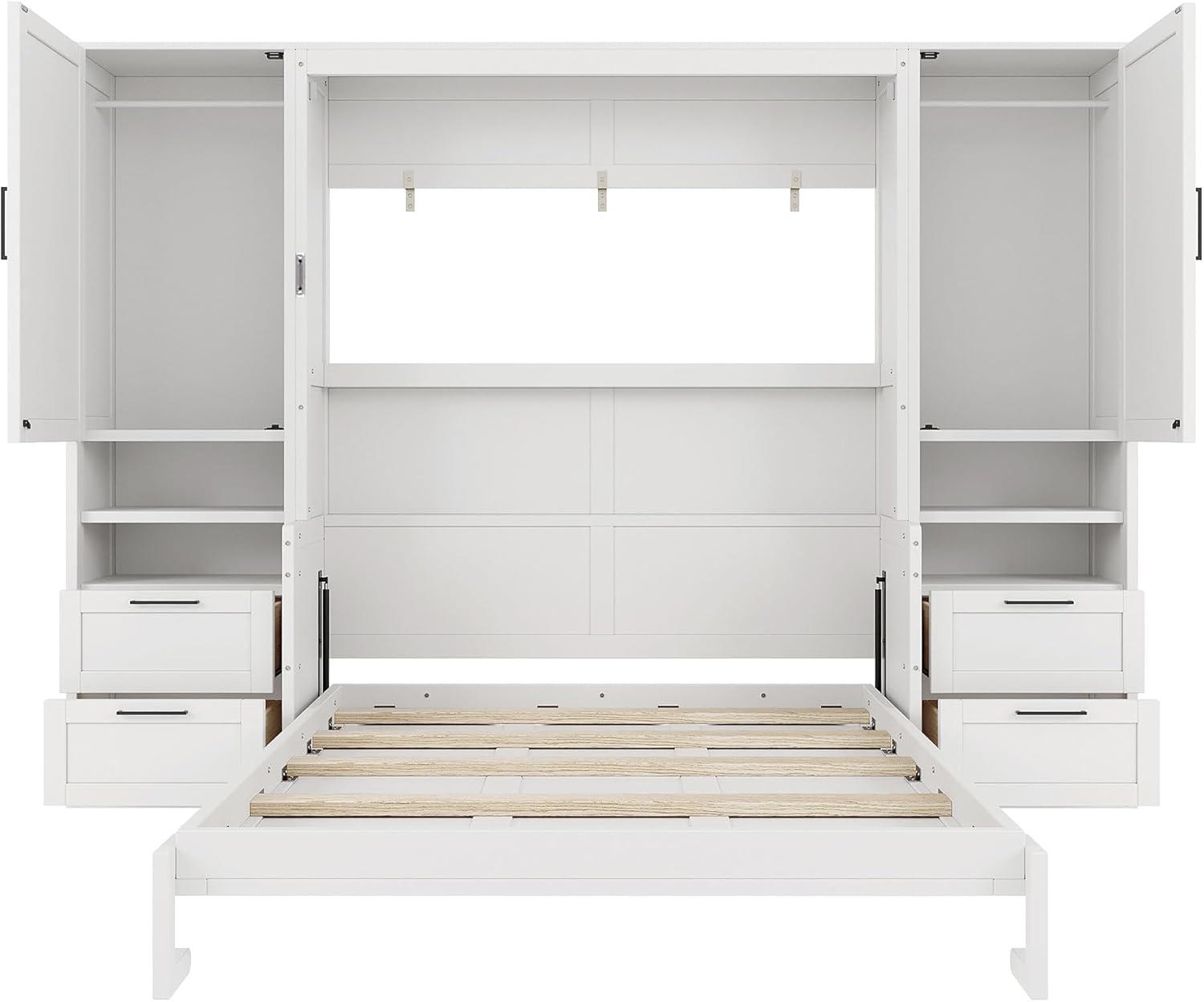 Harper & Bright Designs Queen Size Murphy Bed, Wooden Queen Wall Bed with Closet, Drawers and Shelves, White