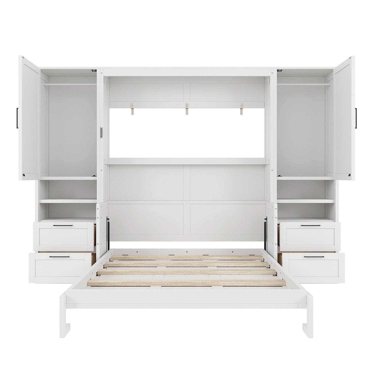 Harper & Bright Designs Queen Size Murphy Bed, Wooden Queen Wall Bed with Closet, Drawers and Shelves, White