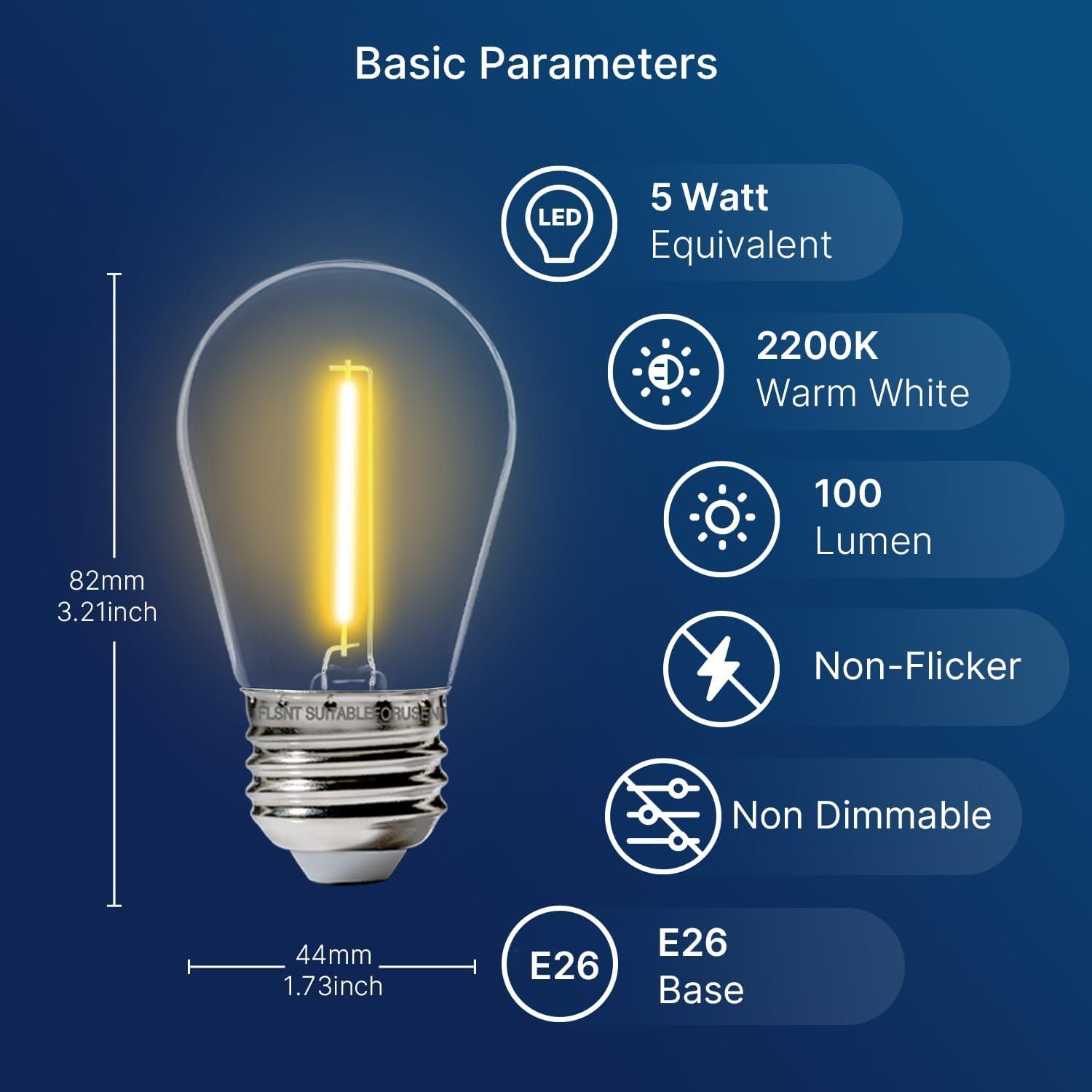 Svater Replacement Bulbs for Outdoor String Lights, 15 Pack S14 LED Bulbs for Patio, E26 Base 1W Bulb Equal to 11W Incandescent, Dimmable,Shatterproof 2700K Warm White
