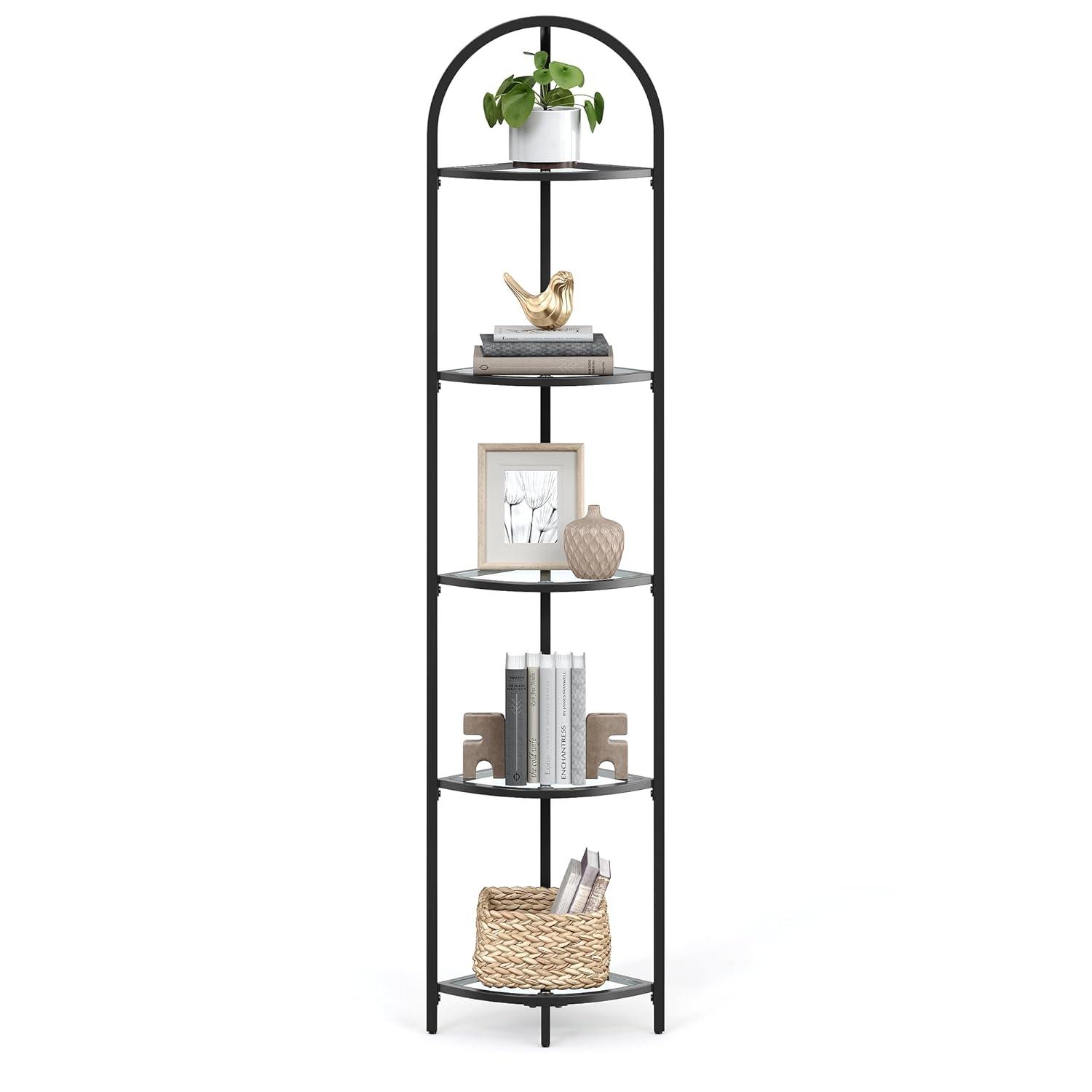 HOOBRO 5-Tier Corner Shelf Stand, Black Corner Bookshelf, Tempered Glass Shelves, Bathroom Organizer, Corner Plant Stand, for Living Room, Study, Balcony, Home Office, Modern Style, Black BK15CJ01