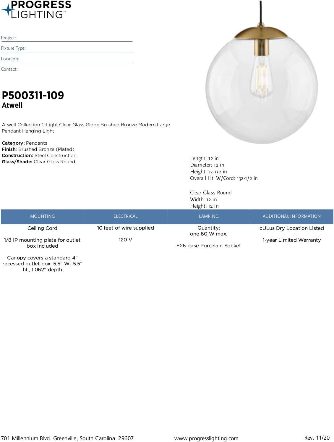 Progress Lighting P500311-109 Atwell - 1 Light Large Pendant   Brushed Bronze Finish with Clear Glass