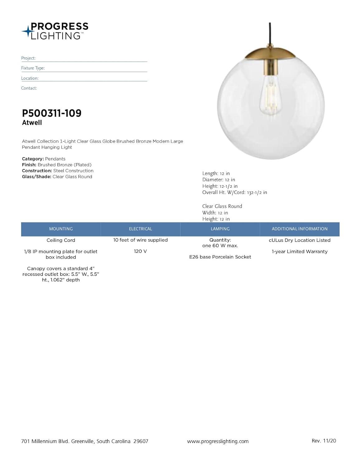 Progress Lighting P500311-109 Atwell - 1 Light Large Pendant   Brushed Bronze Finish with Clear Glass