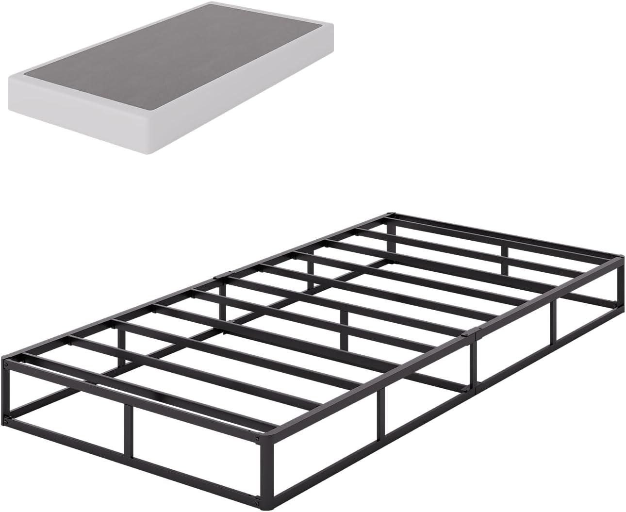King Size Bed Frame, 5 Inch Low Profile Metal Box Spring with Fabric Bed Cover, 2500lbs Heavy Duty Steel Structure Mattress Base, Noise-Free Bed Foundation, Easy Assembly, Black