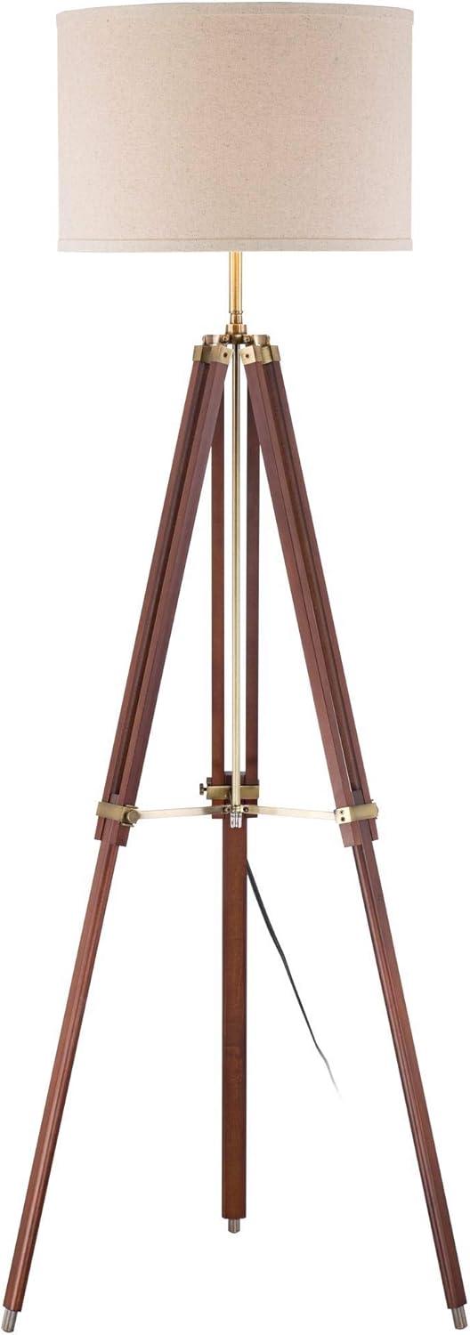 Adjustable Cherry Wood Tripod Floor Lamp with Beige Linen Shade