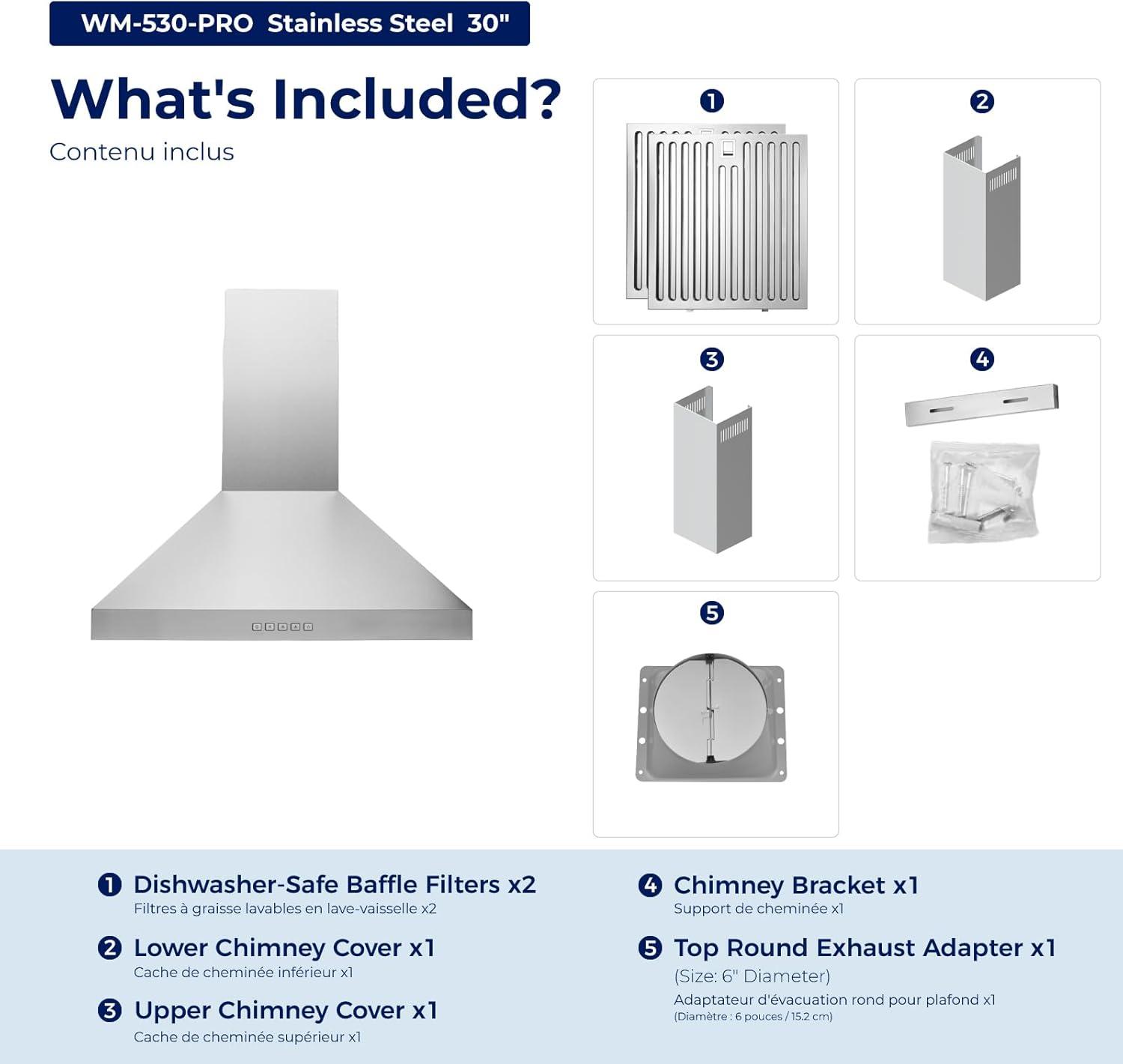 Hauslane 30" Stainless Steel Convertible Wall Range Hood with Baffle Filter