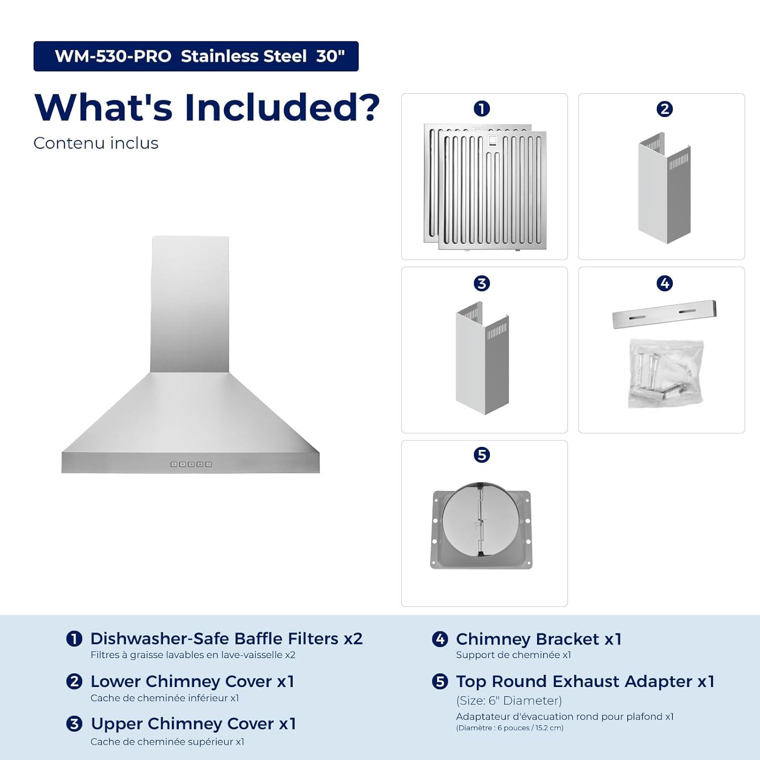 Hauslane 30" Stainless Steel Convertible Wall Range Hood with Baffle Filter