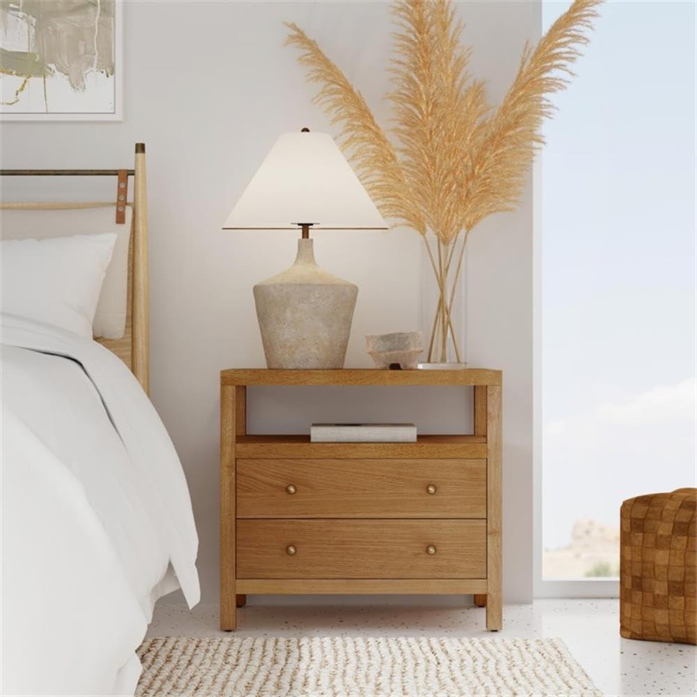 Natural Acacia Wood 2-Drawer Nightstand with Open Shelf