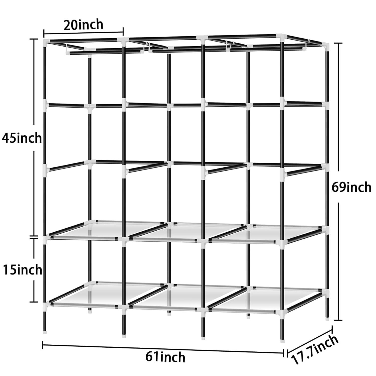 LOKEME Portable Closet, 61-Inch Portable Wardrobe with 3 Hanging Rods and 6 Storage Shelves, Non-Woven Fabric, Stable and Easy Assembly Grey Portable Closets for Hanging Clothes with Side Pockets