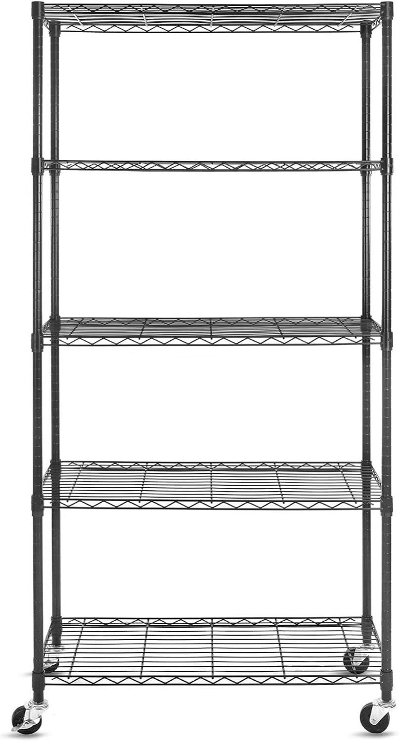 5 Tier NSF Metal Shelf Wire Shelving Unit, 60" H x 30" L x 14" D - 750lbs Capacity Heavy Duty Adjustable Storage Rack with Wheels & Shelf Liners for Closet Kitchen Garage Basement and More - Black