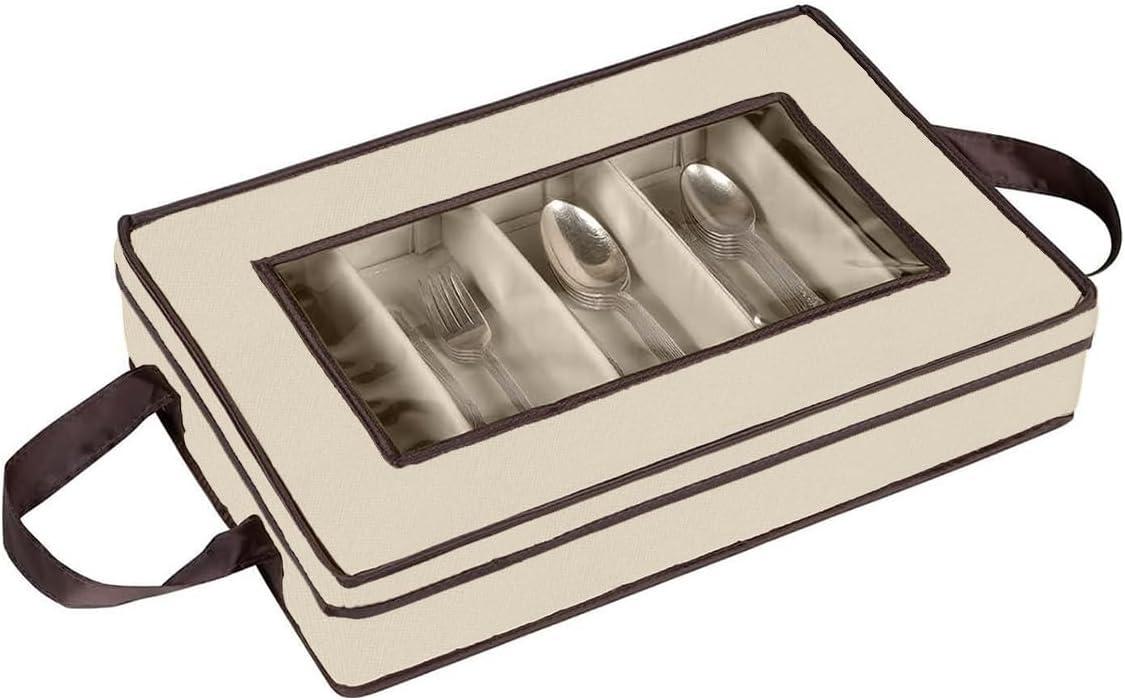 Windowed Flatware Storage Chest, 5 Compartment Storage with Serving Utensil Pouch, Canvas with Brown Trim