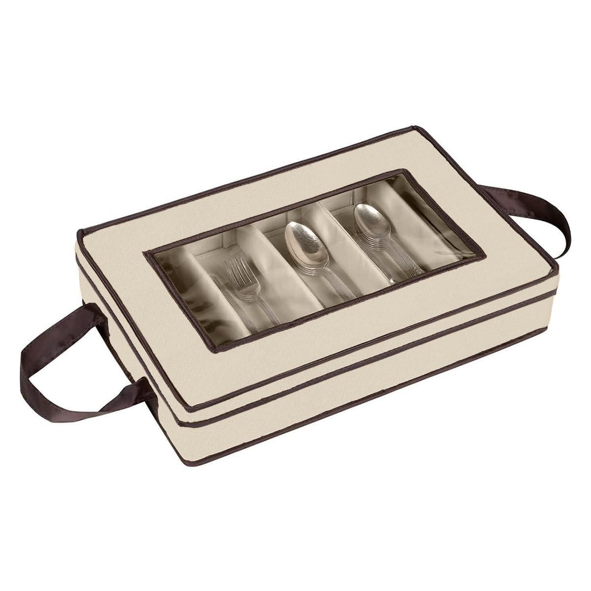 Windowed Flatware Storage Chest, 5 Compartment Storage with Serving Utensil Pouch, Canvas with Brown Trim