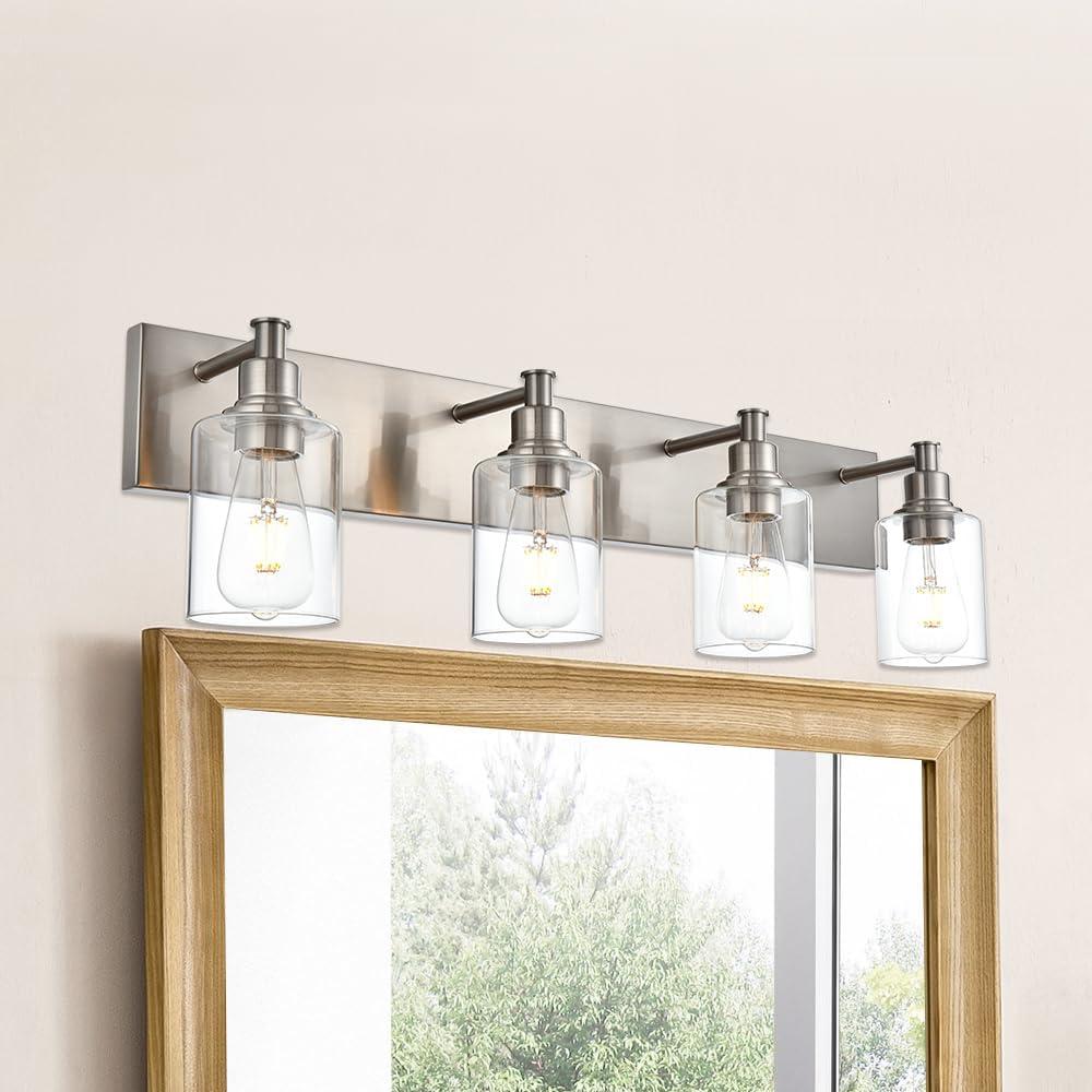 Brushed Nickel 4-Light Bathroom Vanity Fixture with Clear Glass Shades