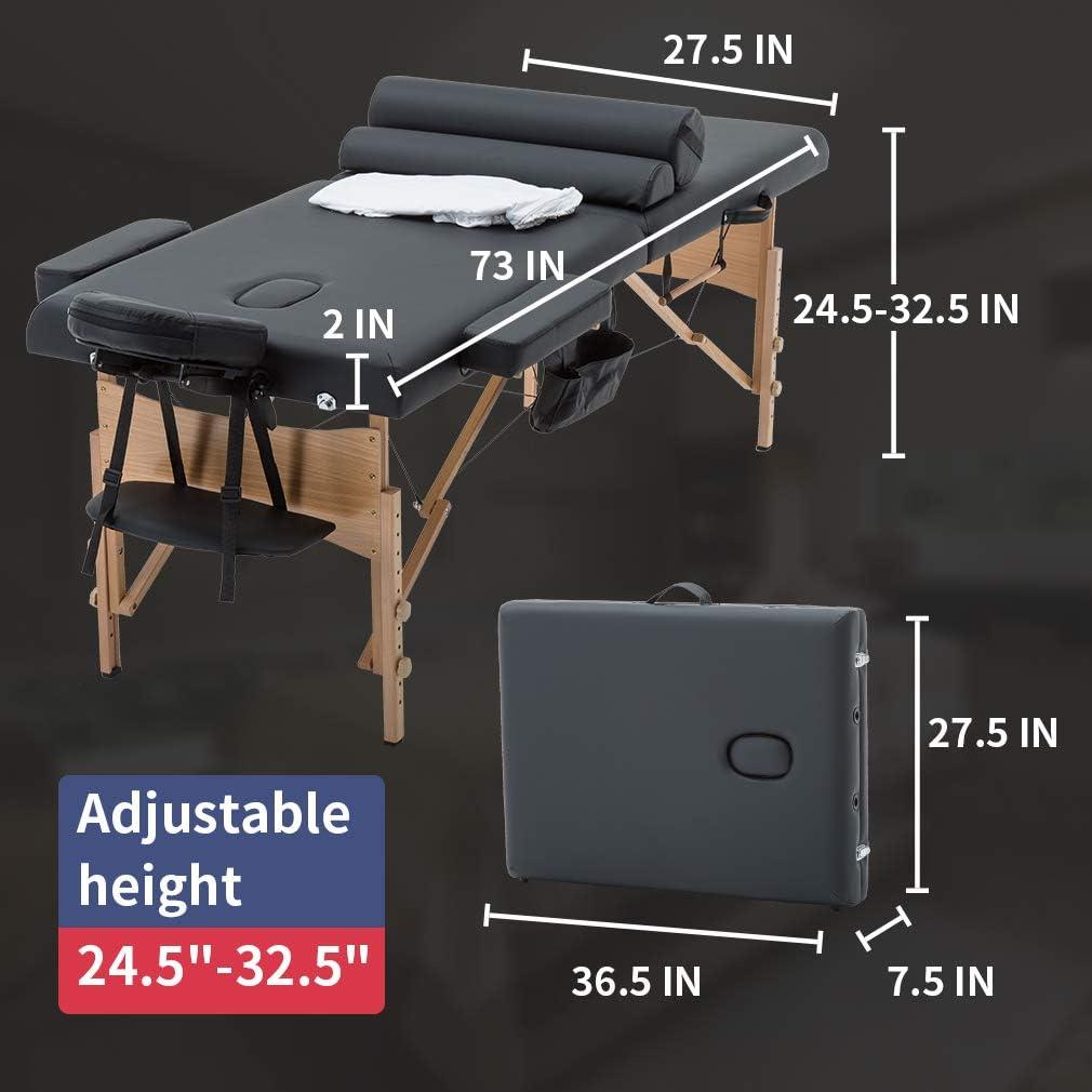 FDW Massage Table 73 Inch Heigh Adjustable 2 Fold Portable Massage Table W/Sheet Cradle Cover 2 Bolster Hanger Facial Salon Tattoo Bed (Black)