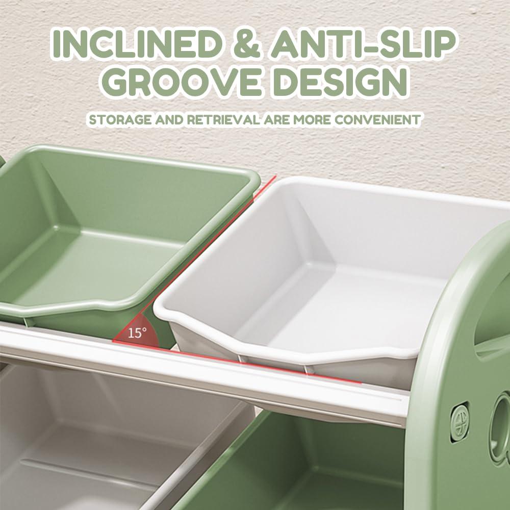 3-Tier Kids Toy Storage Organizer Shelf, Child Storage Cabinet with 6 Plastic Bins, Multi-Functional Nursery Storage Rack for Playroom Bedroom Living Room, Green