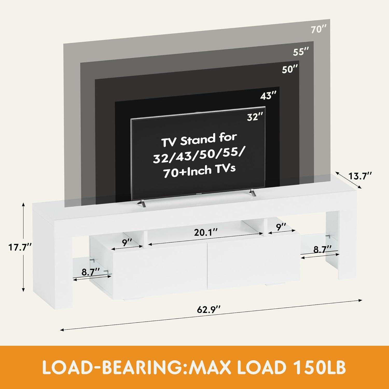 YESHOMY Modern LED TV Stand for Televisions up to 70 Inch with Glass Shelves and Drawer, Gaming Entertainment Center with Multiple Dynamic RGB Modes, for Livingroom, Bedroom, 60 Inch, White
