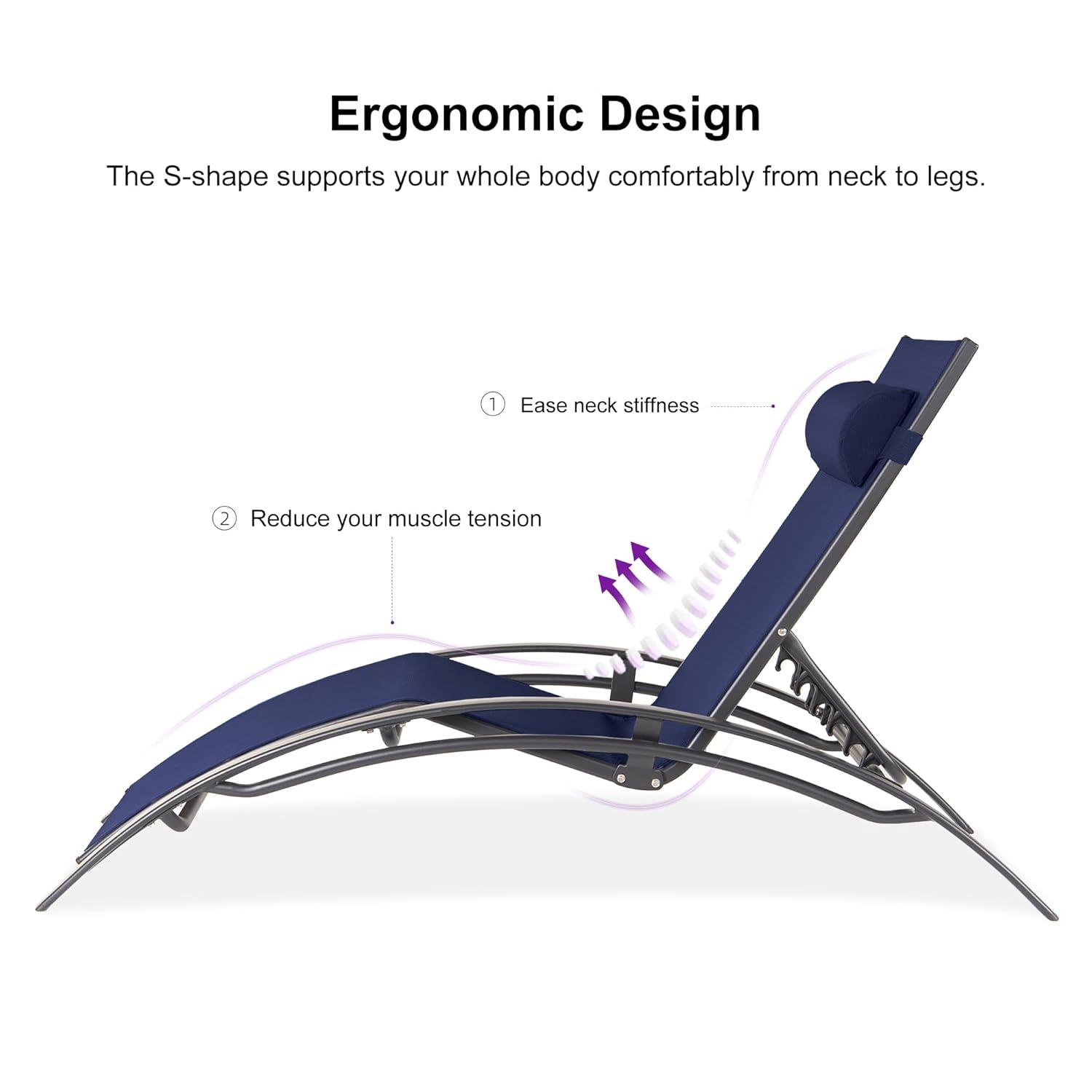 PURPLE LEAF Patio Chaise Lounge Set Outdoor Beach Pool Sunbathing Lawn Lounger Recliner Outside Tanning Chairs with Arm for All Weather Side Table Included Navy Blue