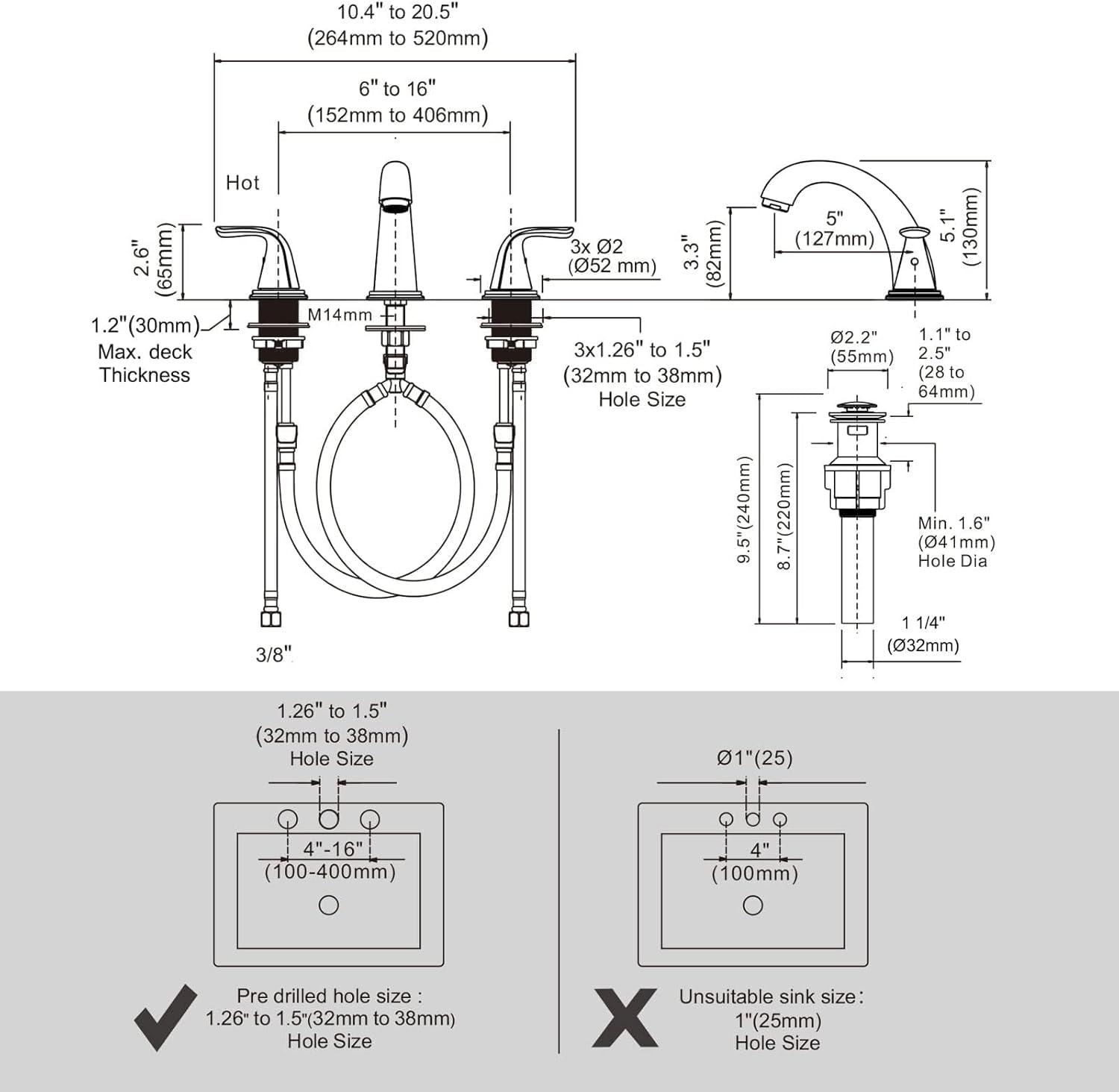 Aleasha Widespread Bathroom Sink Faucet, 3 Hole Faucet With Pop-Up Drain