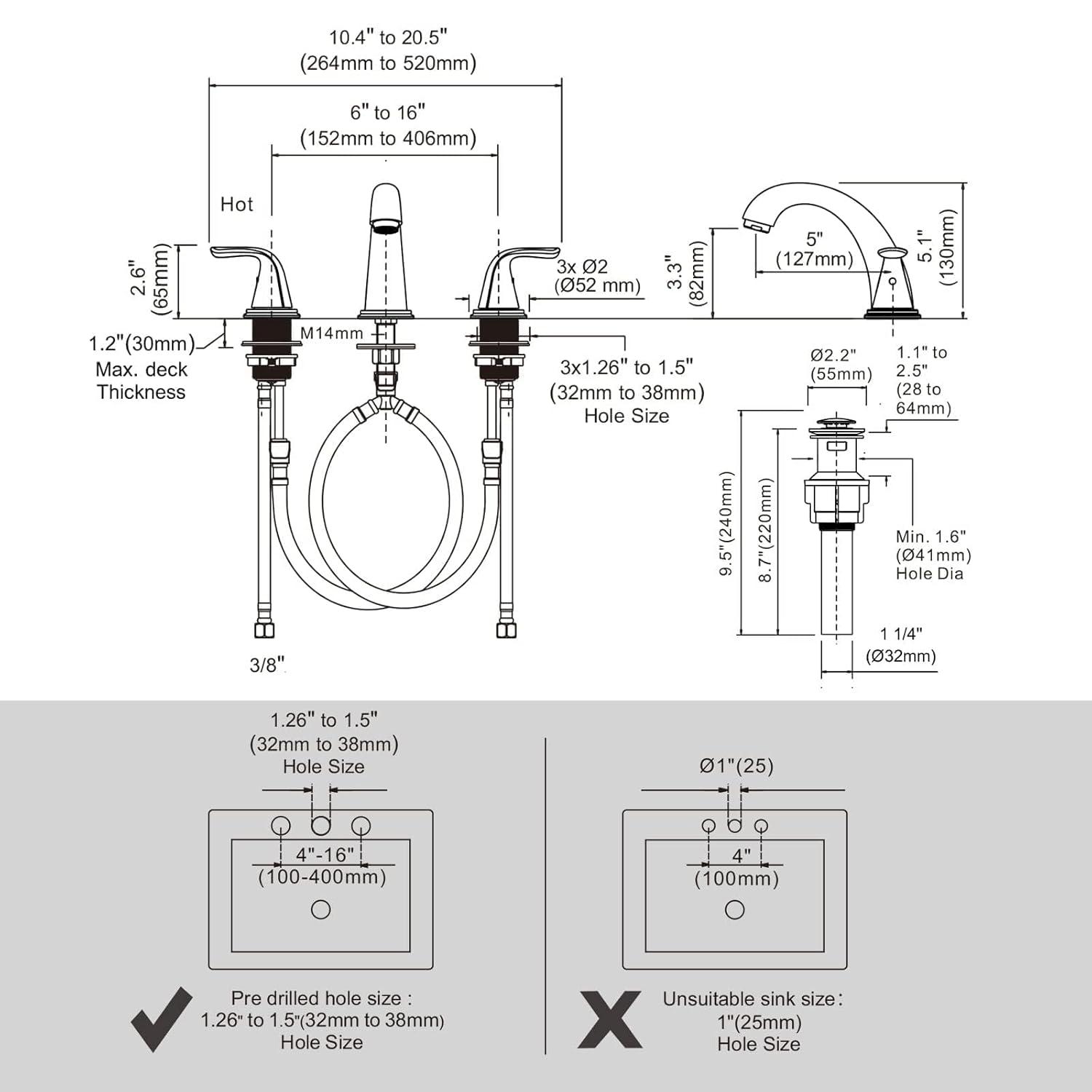 Aleasha Widespread Bathroom Sink Faucet, 3 Hole Faucet With Pop-Up Drain