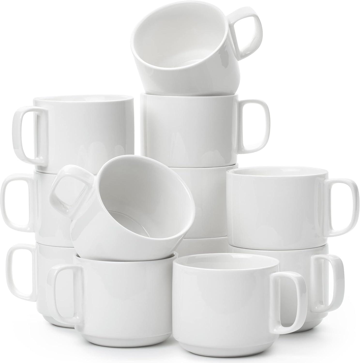 BTaT- Porcelain Stackable Coffee Mugs, 12 Pack, 12 oz, White, Ceramic Coffee Cups, Dishwasher and Microwave Safe