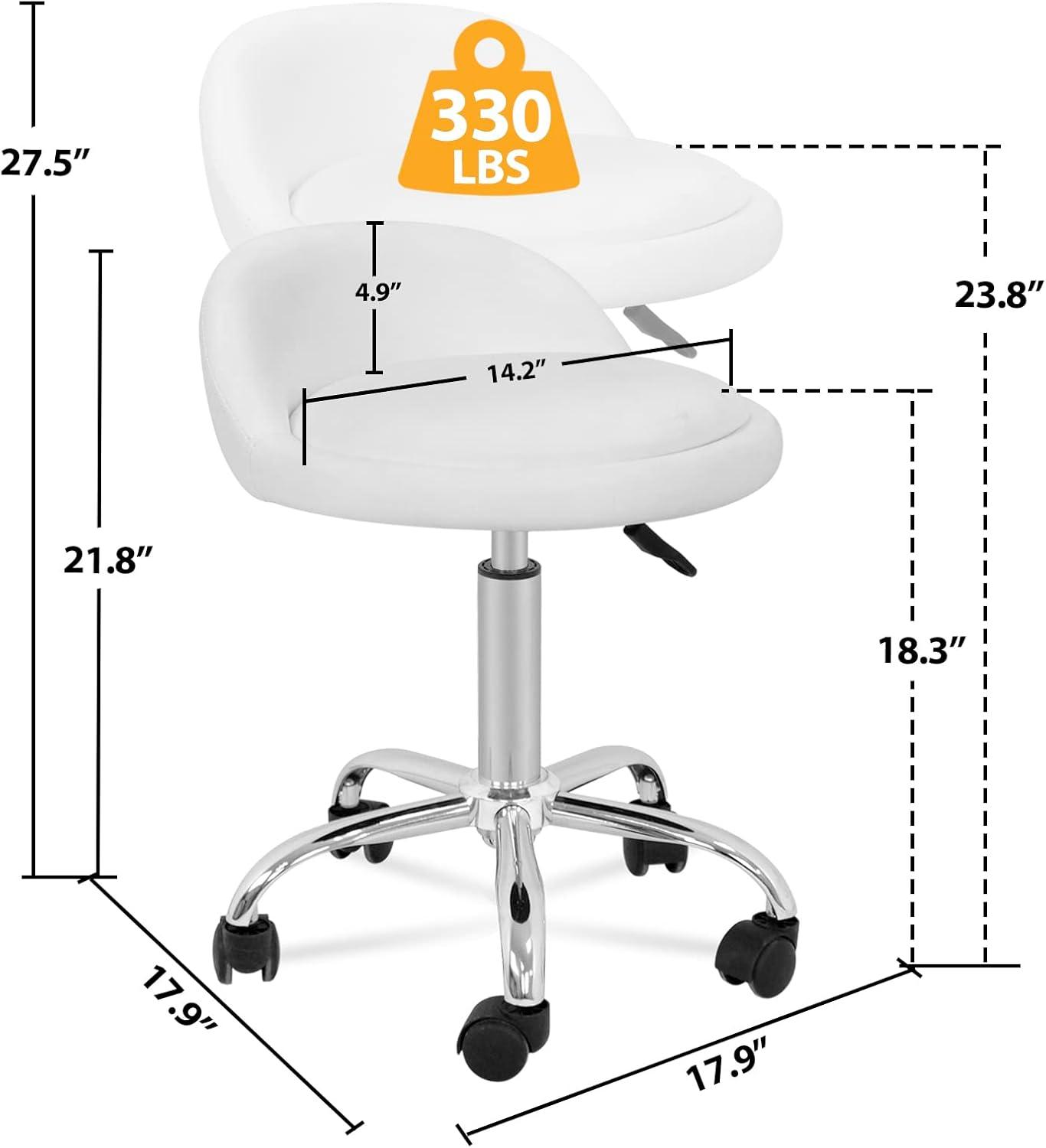 HomGarden Height Adjustable Rolling Swivel Salon Stool, PU Leather Hydraulic Ergonomic Chair with Backrest Wheels for Office Work Tattoo Massage Facial Spa Manicure Dentist Clinic, White