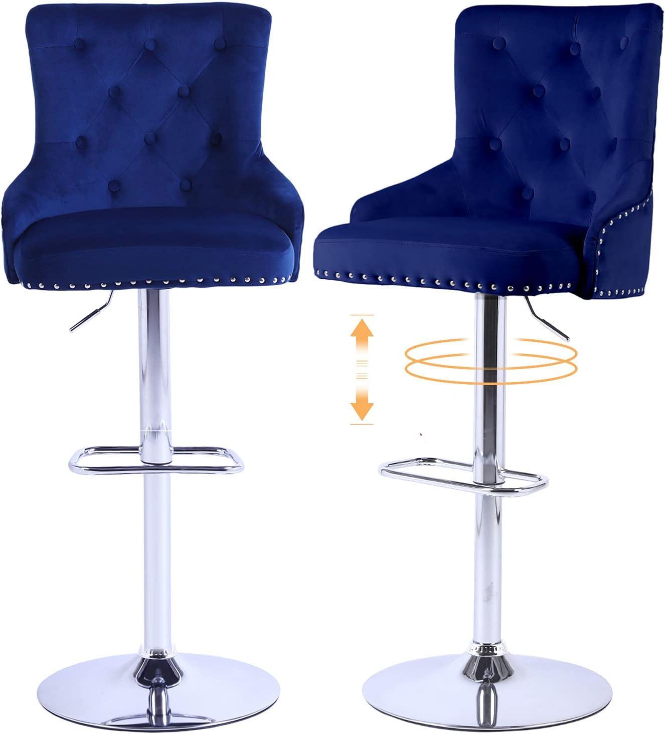 Alexent 43.7"-51.6" Adjustable Swivel Velvet Bar Stools in Navy (Set of 2)