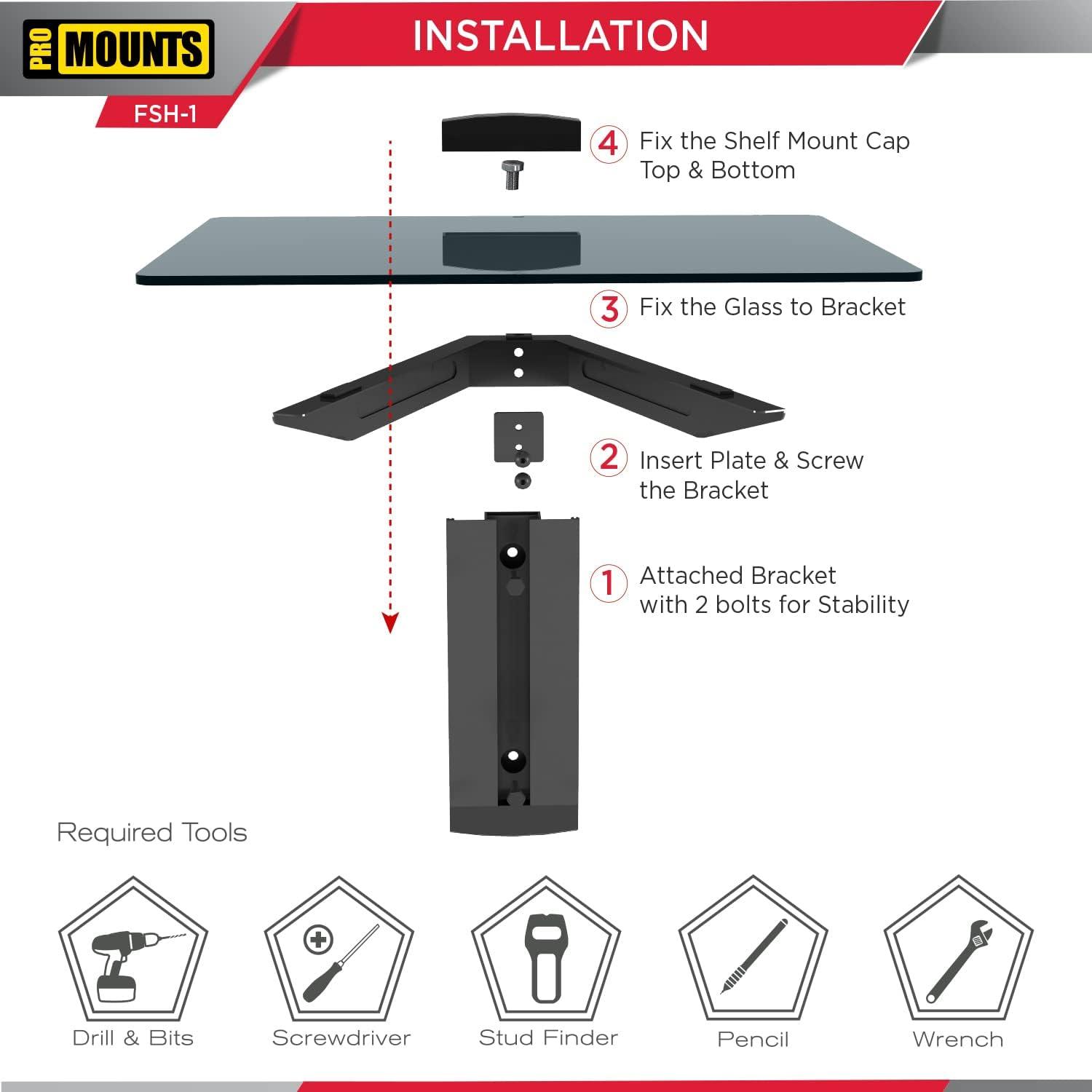 ProMounts Durable AV Wall Shelf, Single Glass, Supports up to 17.6lbs Max Weight