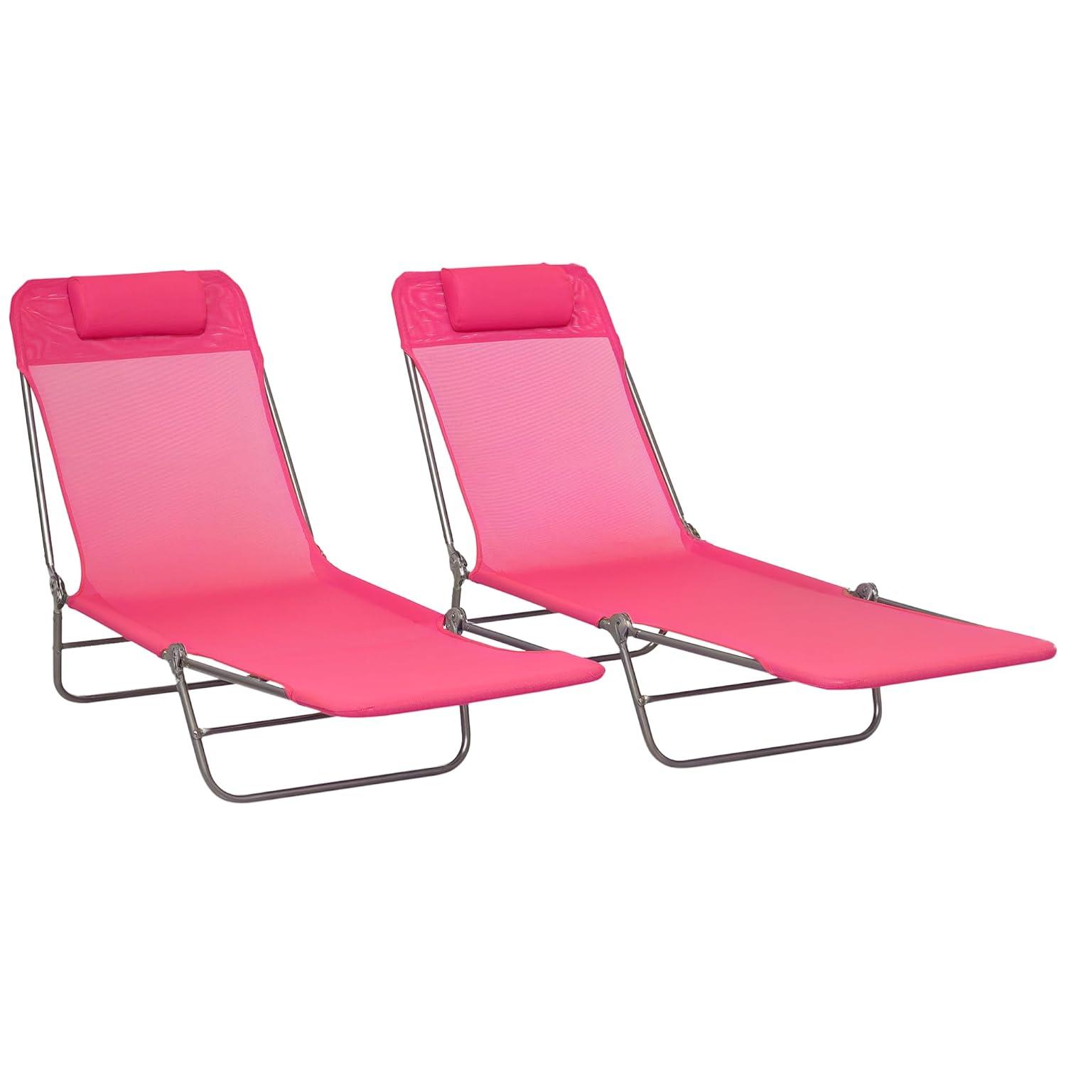 Outsunny Foldable Outdoor Chaise Lounge Chair, 5-Level Reclining Camping Tanning Chair with Breathable Mesh Fabric and Headrest, Pink