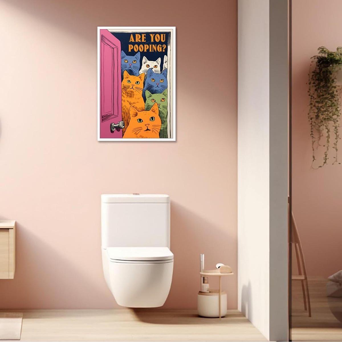 Funny Bathroom Cat Print Poster, Funky Are You Pooping Cat Sign Canvas Wall Art, Quirky Cats Witty Humor Pictures Artwork for Toilet Wall Decor 12x16in Unframed