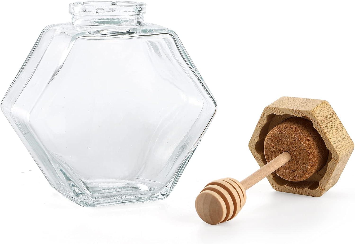 Hexagonal Clear Glass Honey Pots with Wooden Dippers, 7 oz, Set of 4