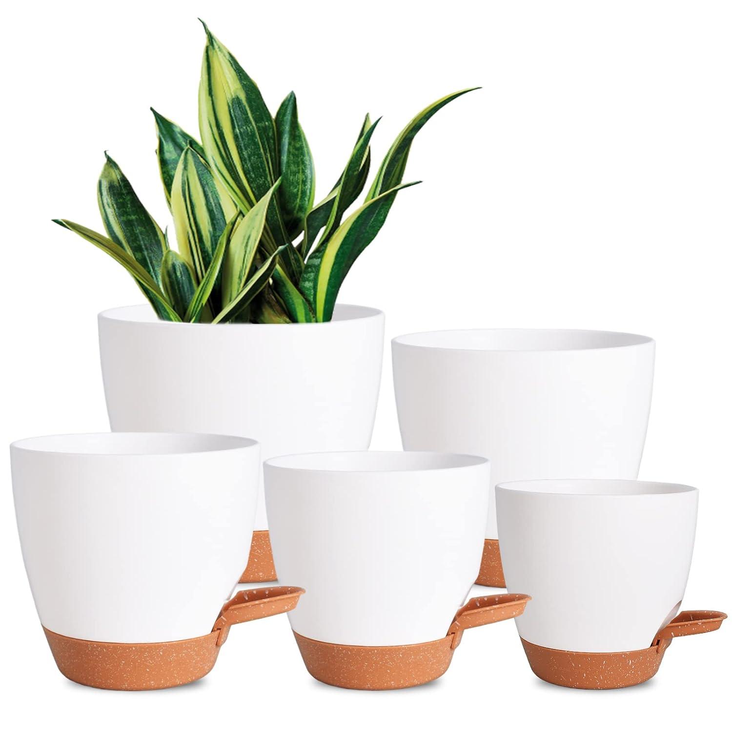 Plant Pots for Indoor Plants 5 Pack Self Watering Planters, 7/6.5/6/5.5/5 Inch Self Watering Pots with Drainage Hole Plastic Flower Pot for Herbs, Succulents, African Violet (White)