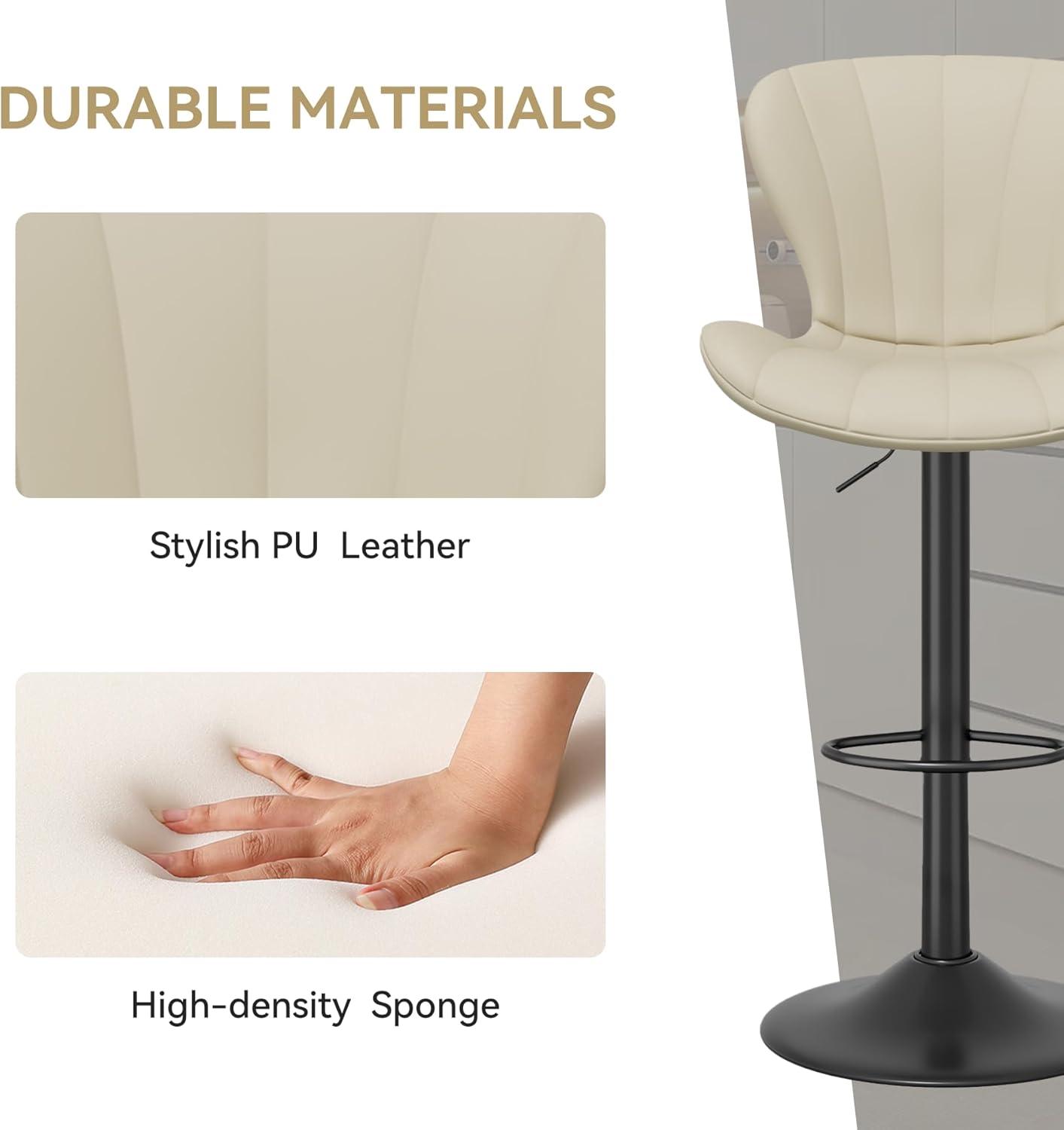 Modern Bar Stool Set of 2, Adjustable Faux Leather Upholstered Swivel Counter Stools, Counter Barstools with Back for Kitchen Island, Khaki