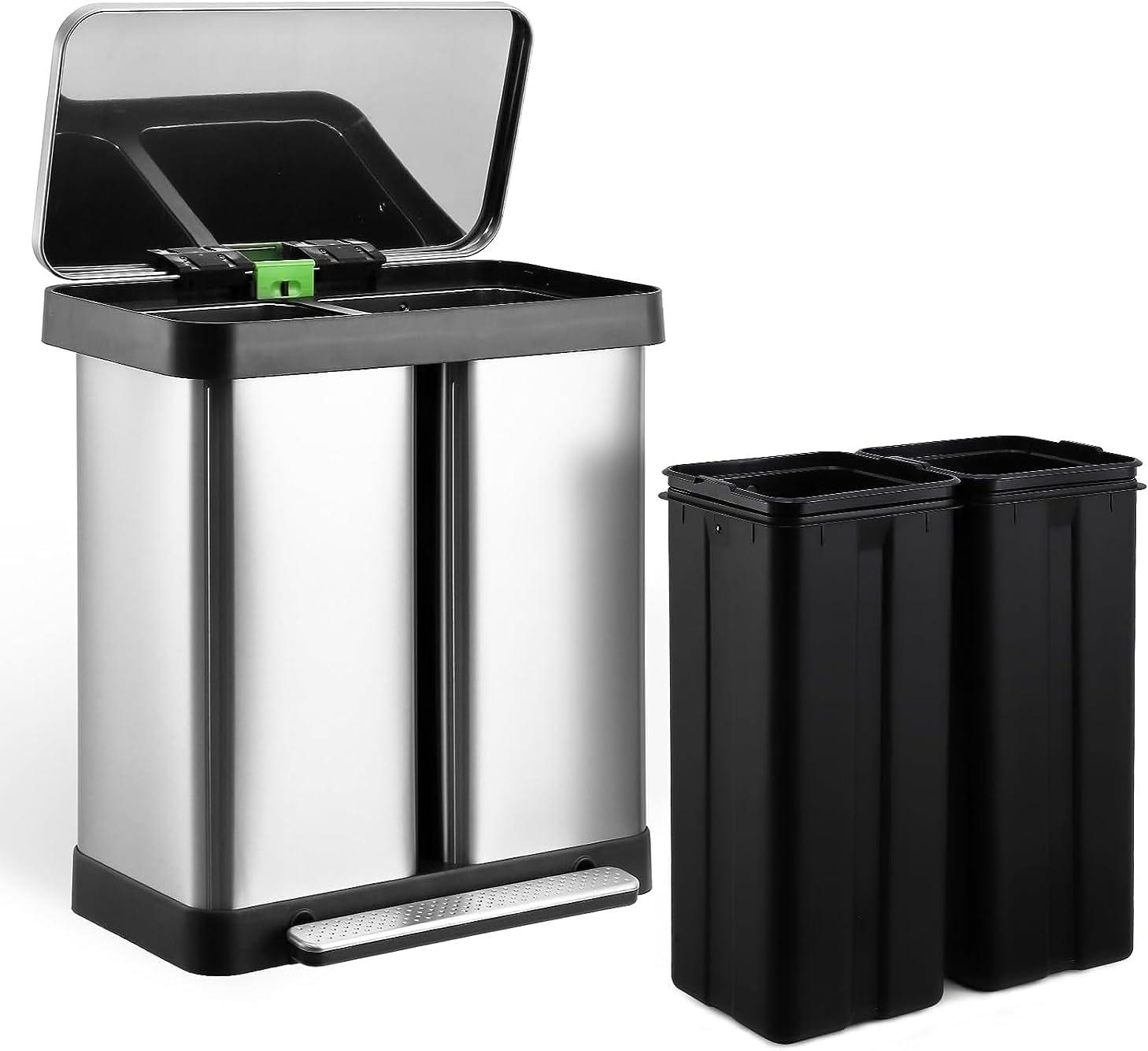 16 Gallon (30L+30L) Trash Can, Fingerprint Proof Stainless Steel Kitchen Garbage Can With Soft-Close Lid And 2 Removable Liner