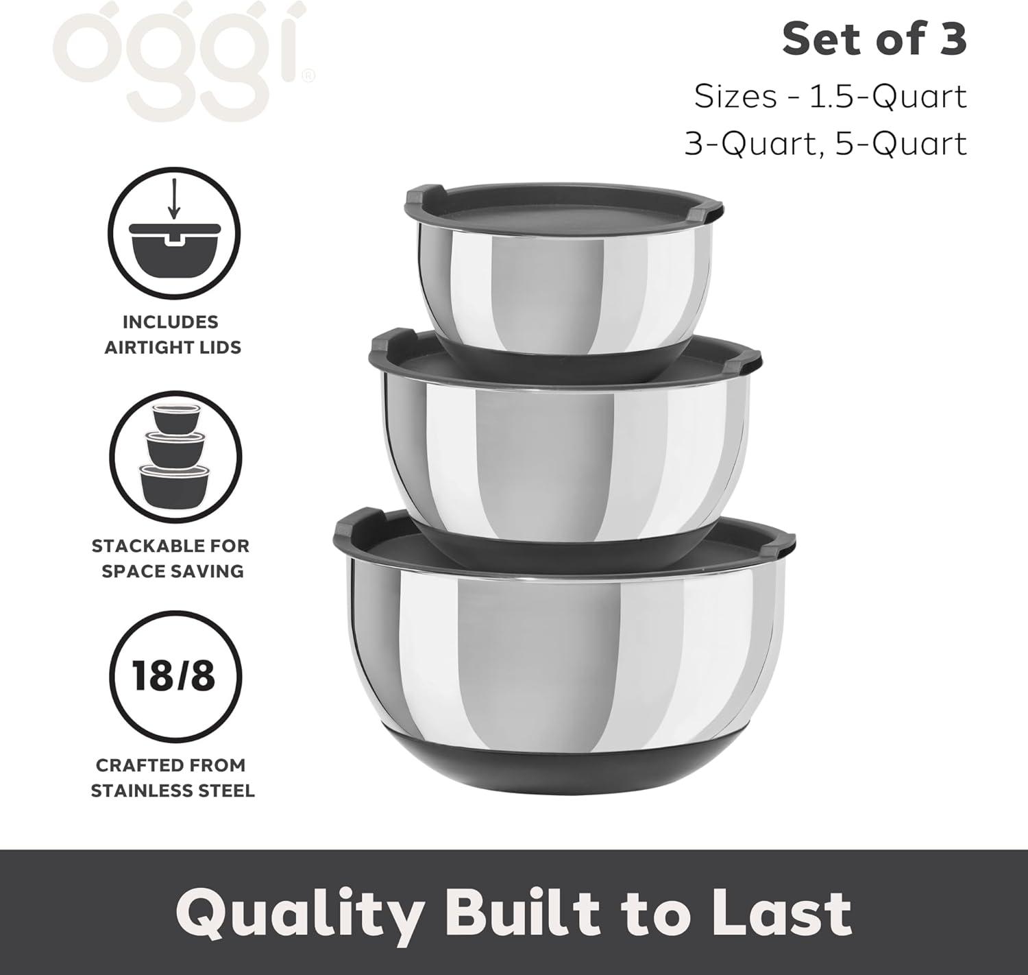 Oggi Prep Set Of 3 Stainless Steel Bowls W/ Silicone Bases (1.5, 3, 5 Qt)