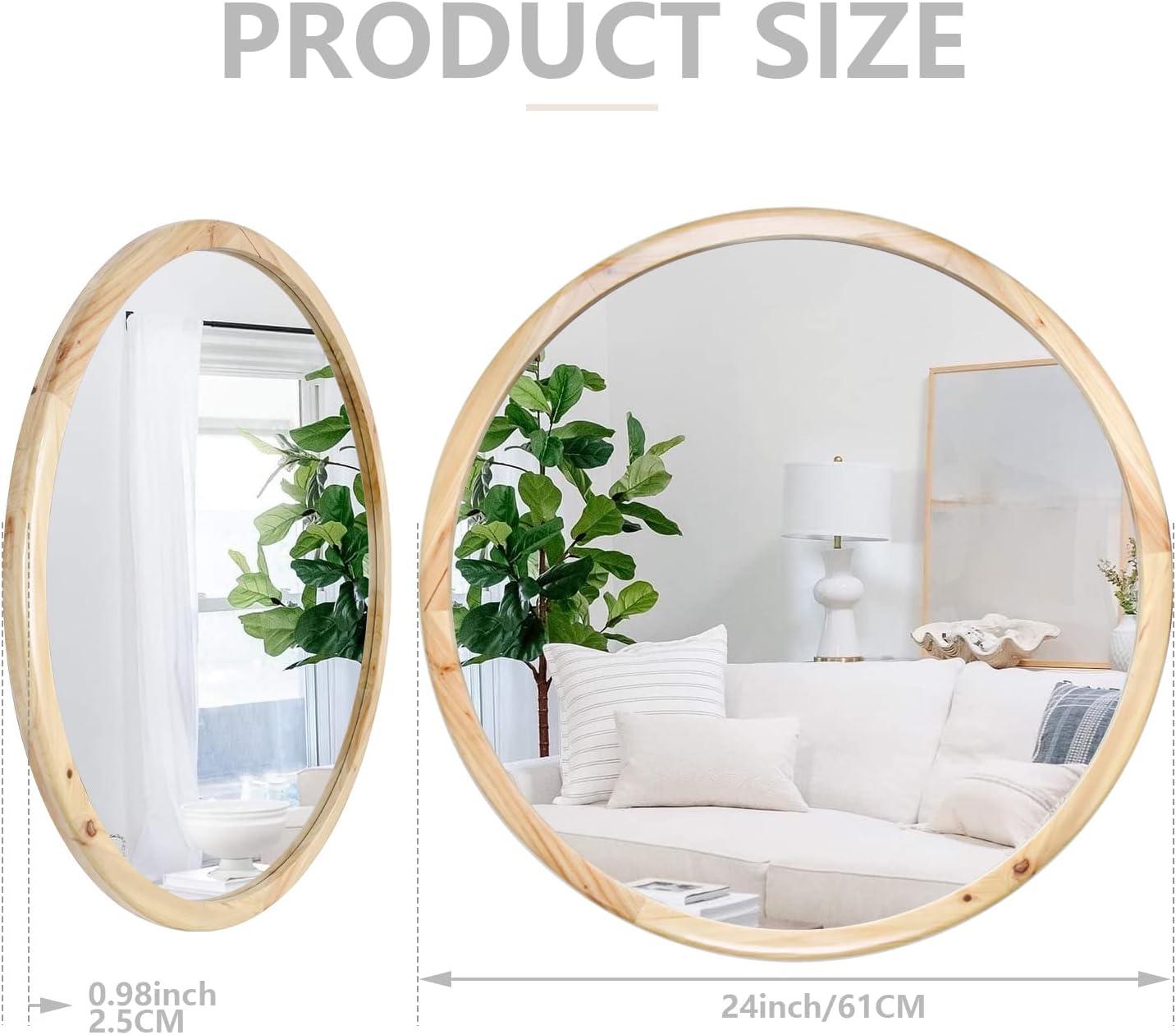 Circle Wooden Wall Mirror,18 inch Round Natural Wood Mirror Large Rustic Farmhouse Decor Mirror for The Living Room,Bathroom,Bedroom