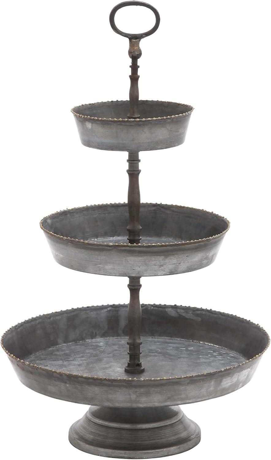 Gray Metal and Wood 3-Tier Round Server with Beaded Perimeter