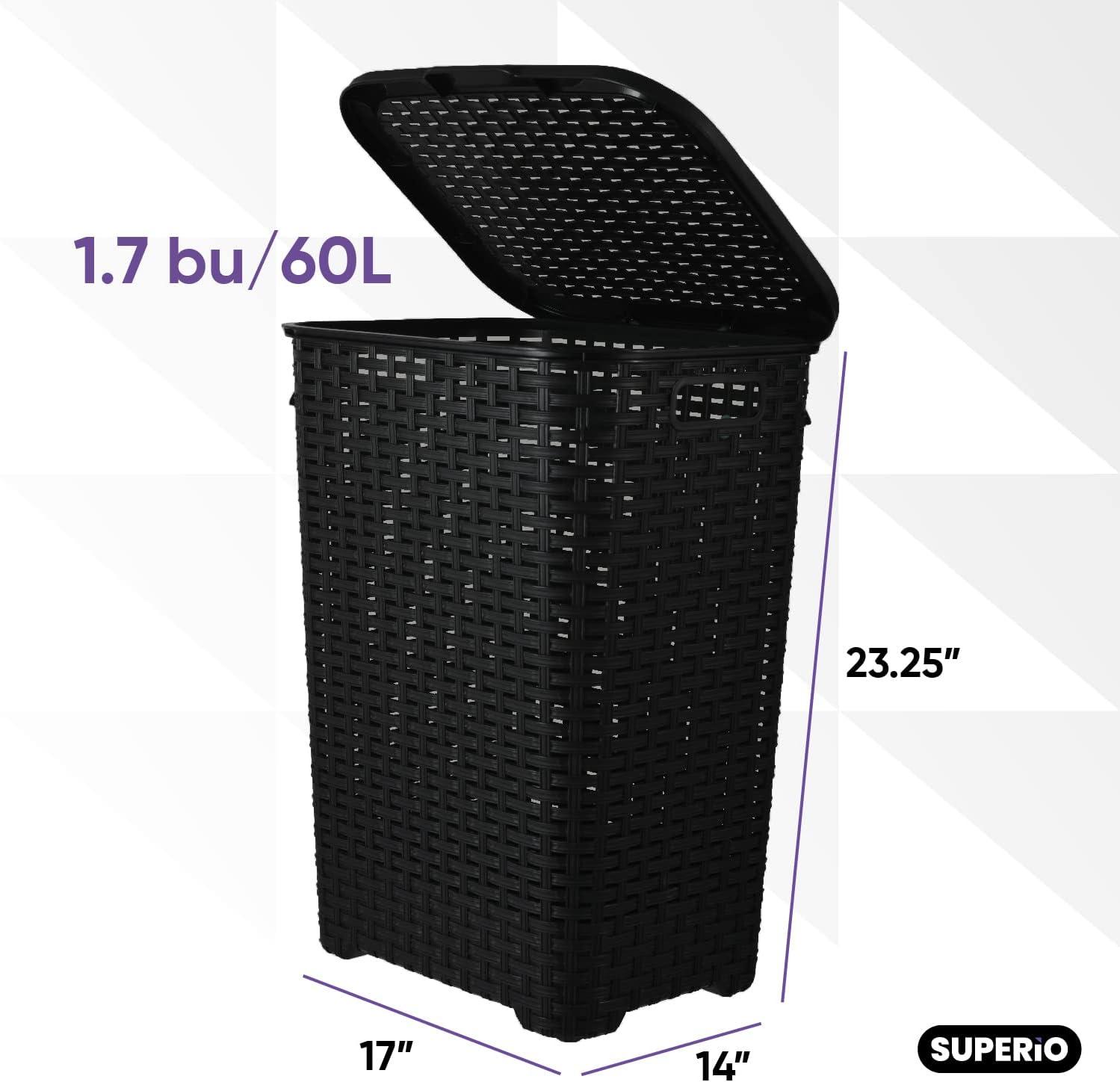 Laundry Basket, Laundry Hamper with Lid, Large 60-liter Wicker Style Hamper with Cutout Handle, to Storage Dirty Clothes in Washroom, Bathroom, Bedroom, or Dorm Room, Grey Color. By Superio